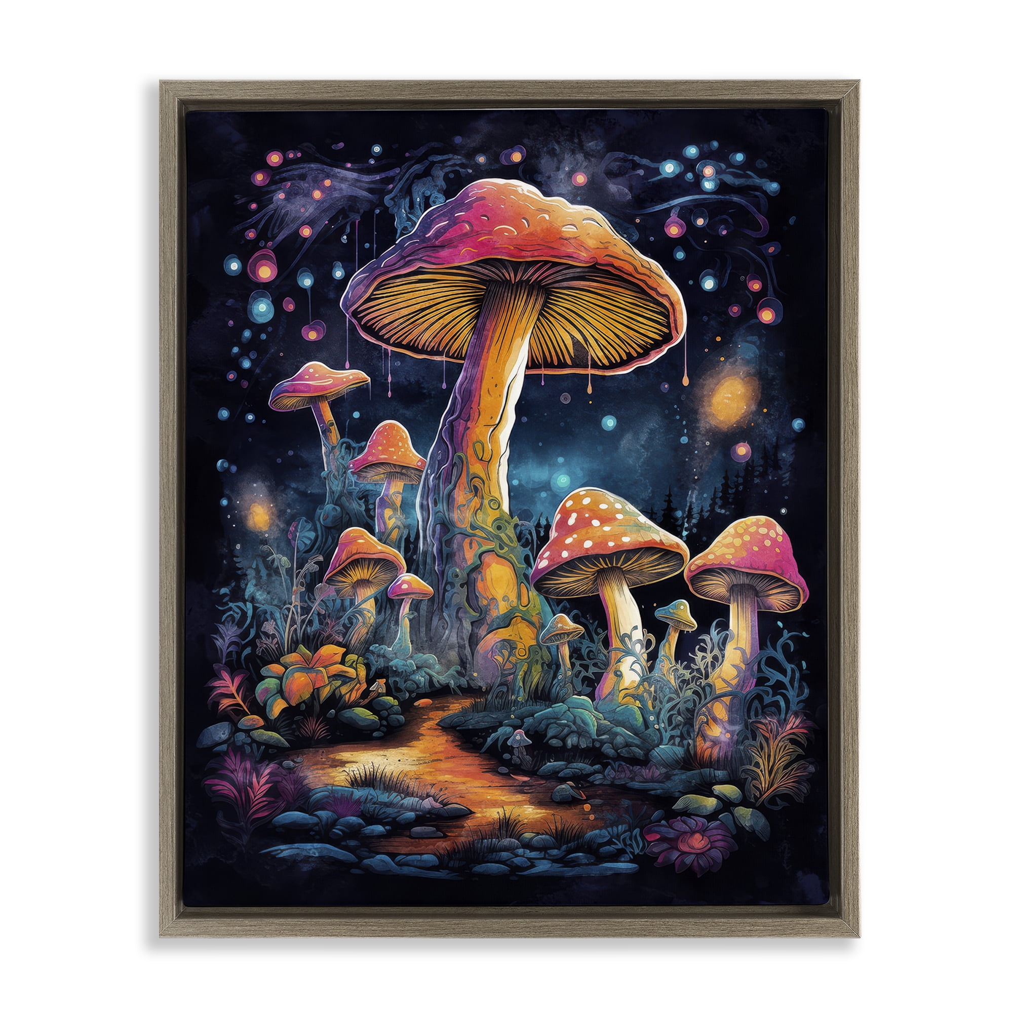 Stupell Industries Psychedelic Mushrooms Nature Landscape & Nature Painting Brown Floater Framed Canvas Art Print Wall Art, 25 x 31