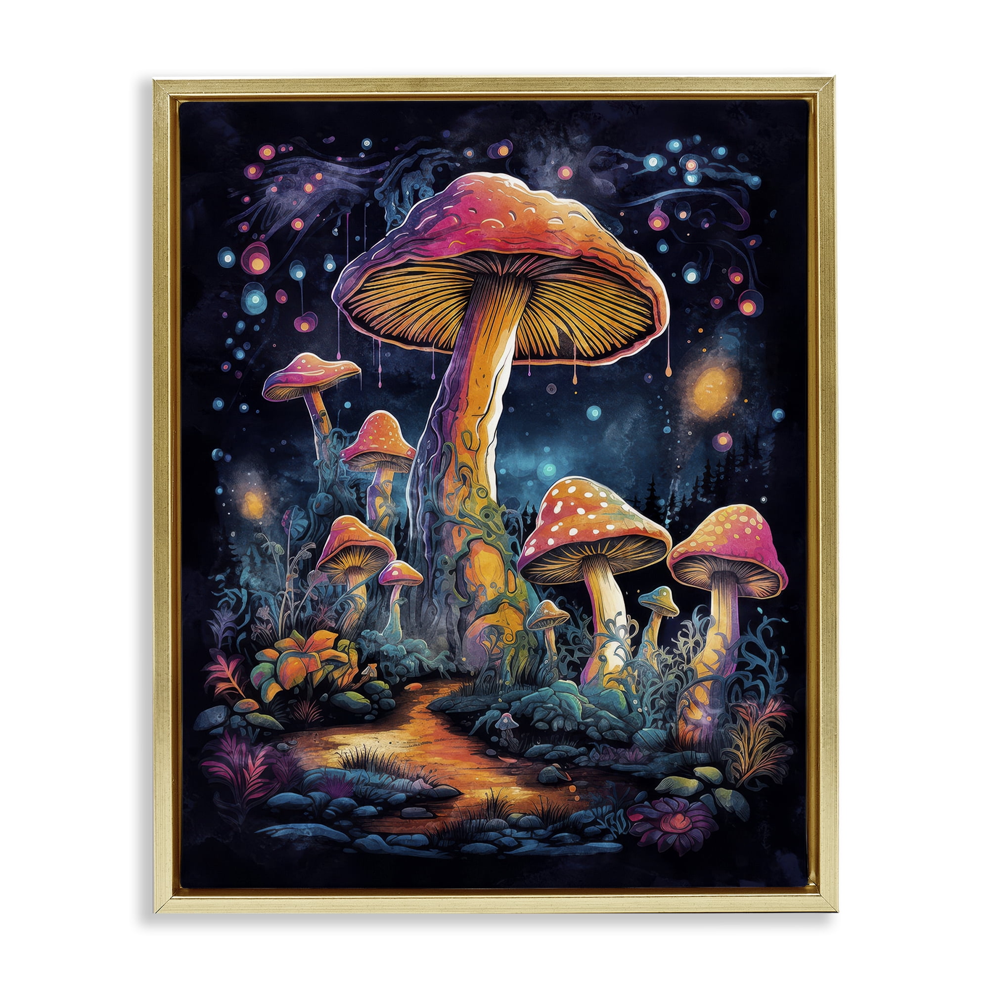 Stupell Industries Psychedelic Mushrooms Nature Landscape & Nature Painting Gold Floater Framed Canvas Art Print Wall Art, 17 x 21