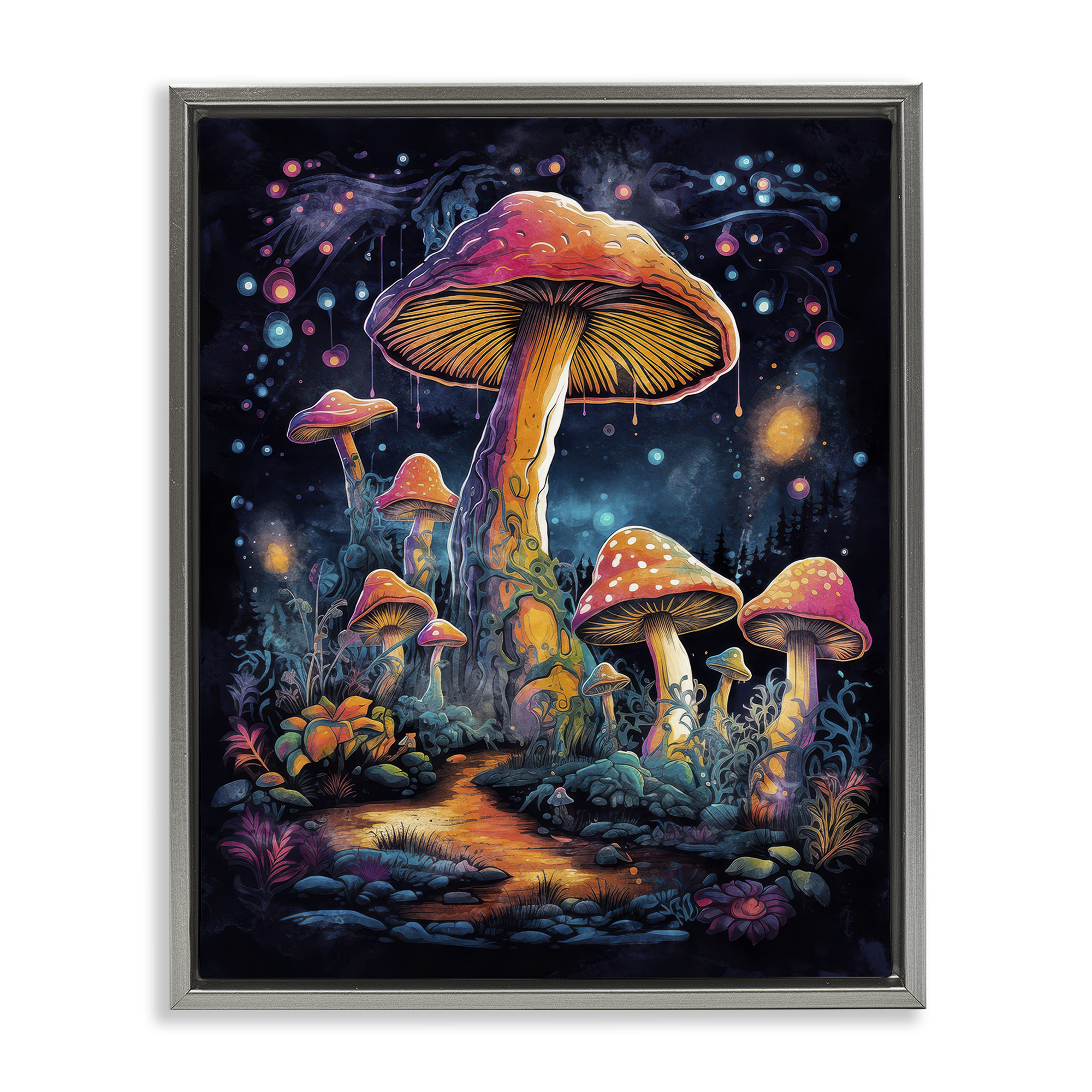 Stupell Industries Psychedelic Mushrooms Nature Landscape & Nature Painting Gray Floater Framed Canvas Art Print Wall Art, 17 x 21