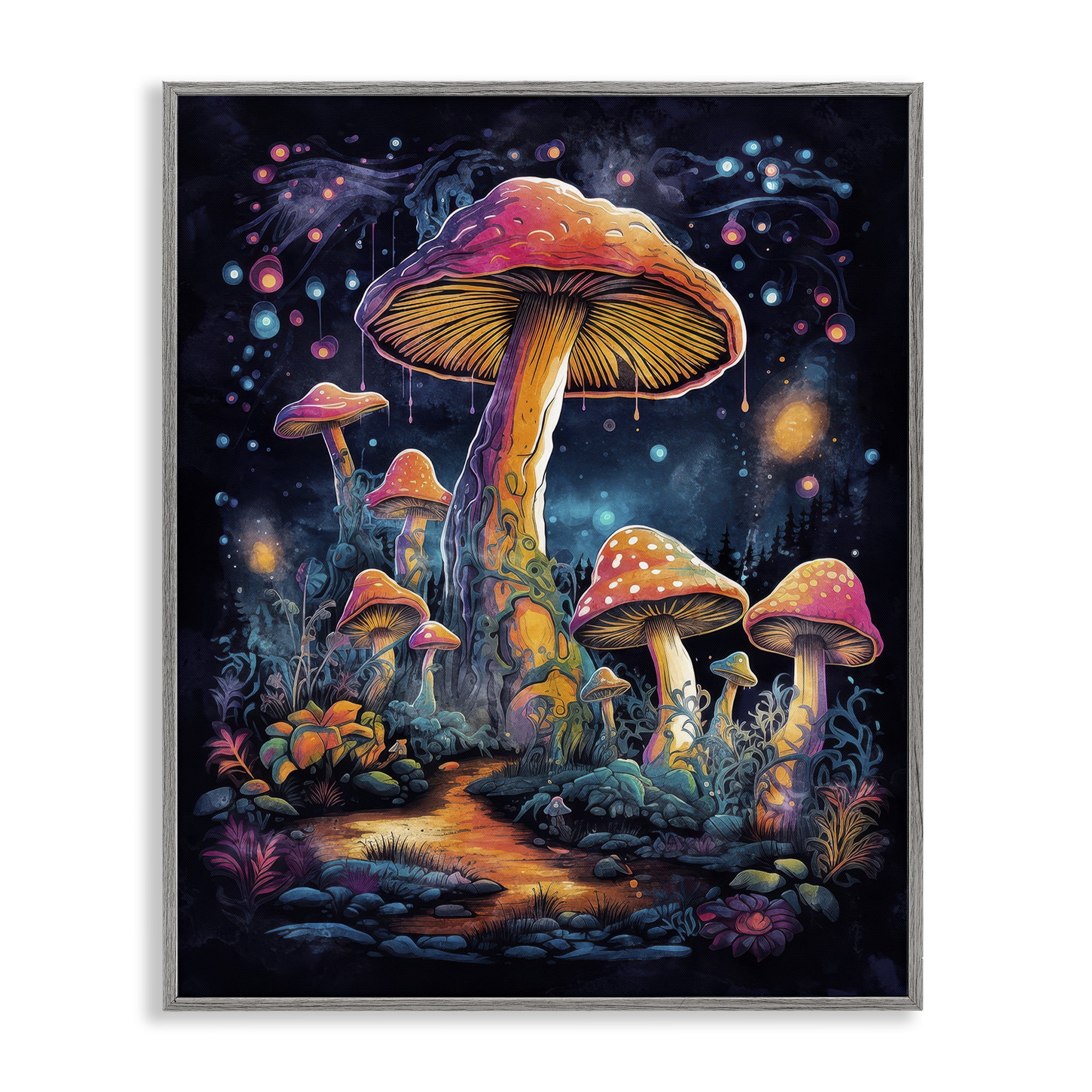 Stupell Industries Psychedelic Mushrooms Nature Landscape & Nature Painting Gray Framed Art Print Wall Art, 16 x 20