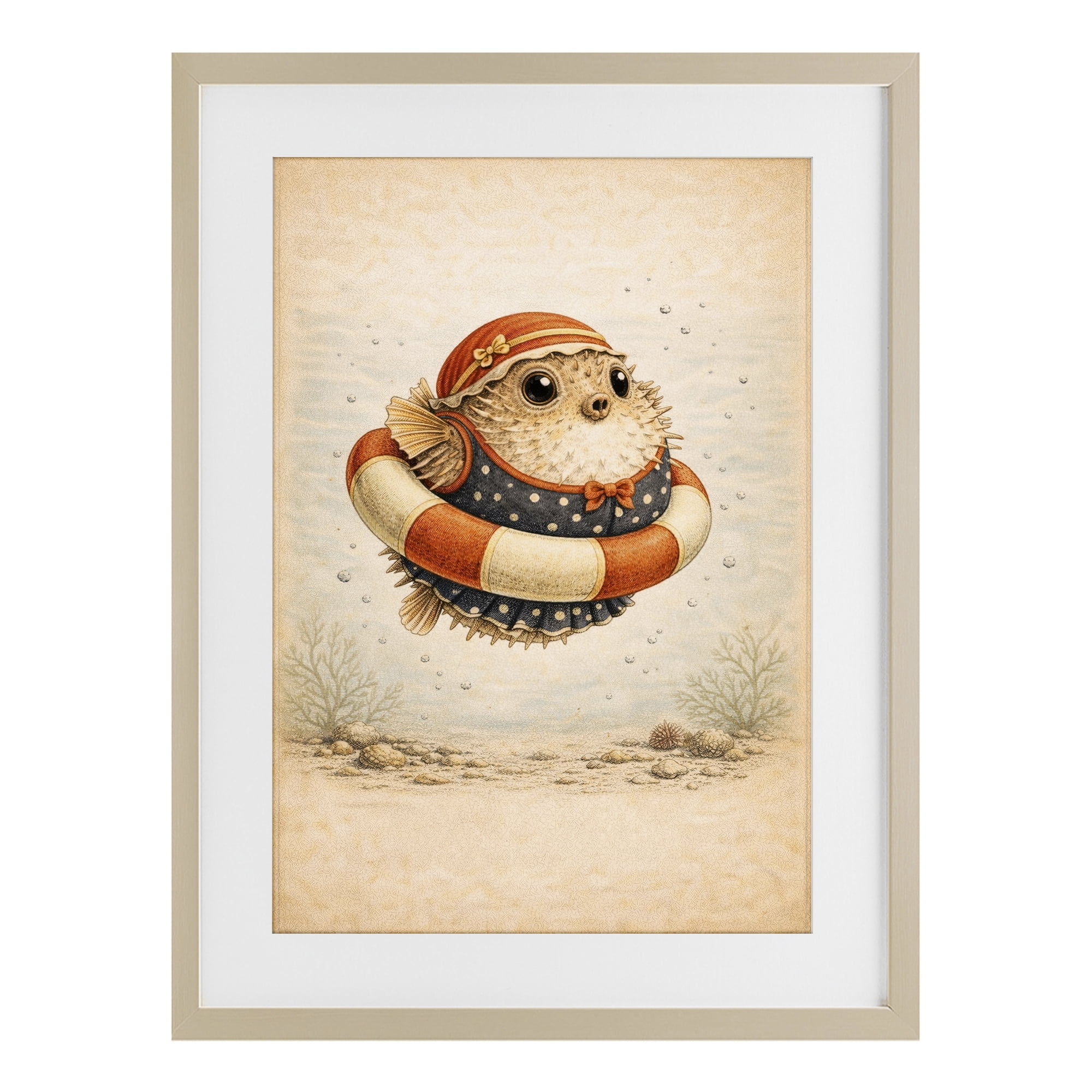 Stupell Industries Pufferfish Of Maritime Bathing Society Birch Framed Print Under Glass, design by Grotto Studios