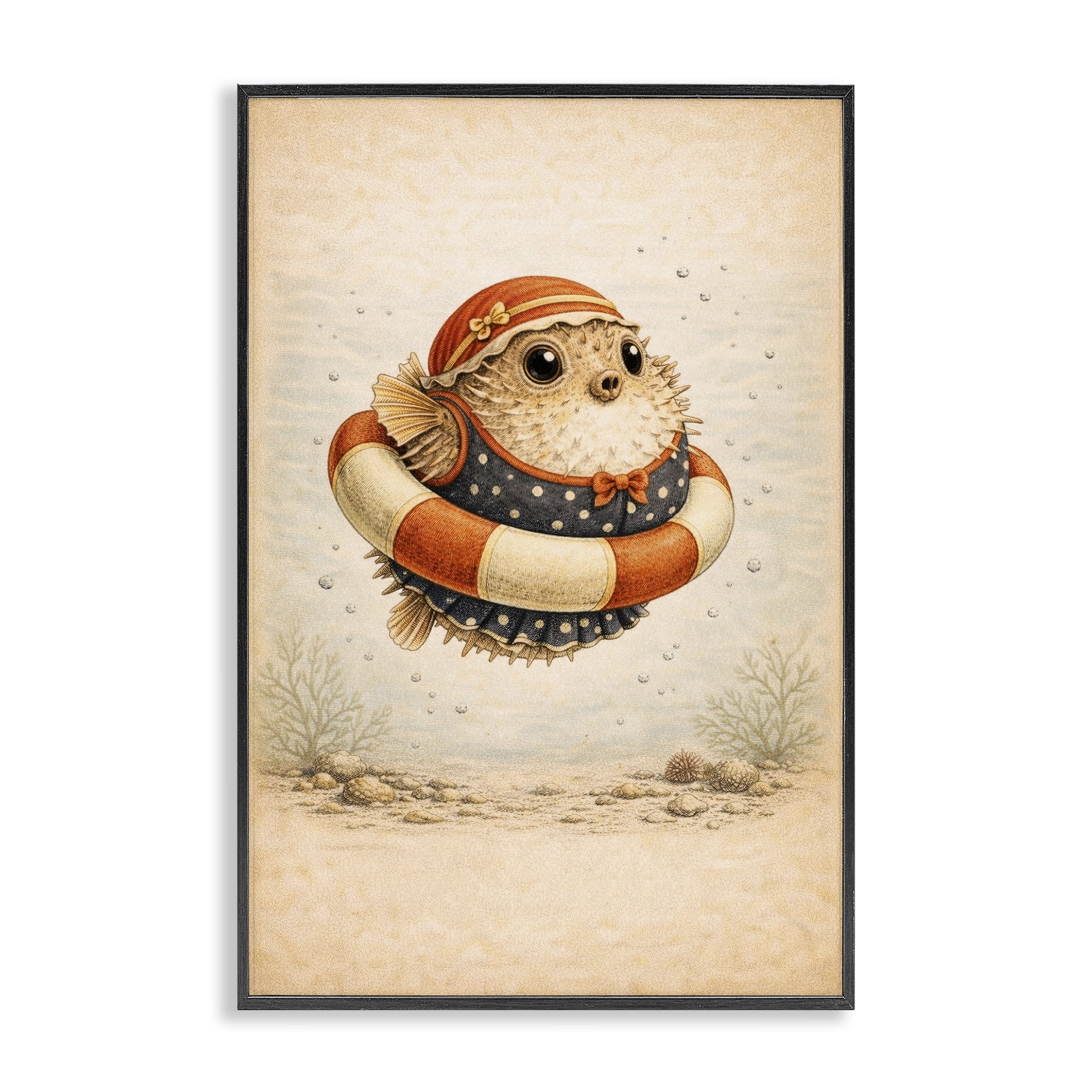 Stupell Industries Pufferfish Of Maritime Bathing Society Black Framed Giclee Art, design by Grotto Studios