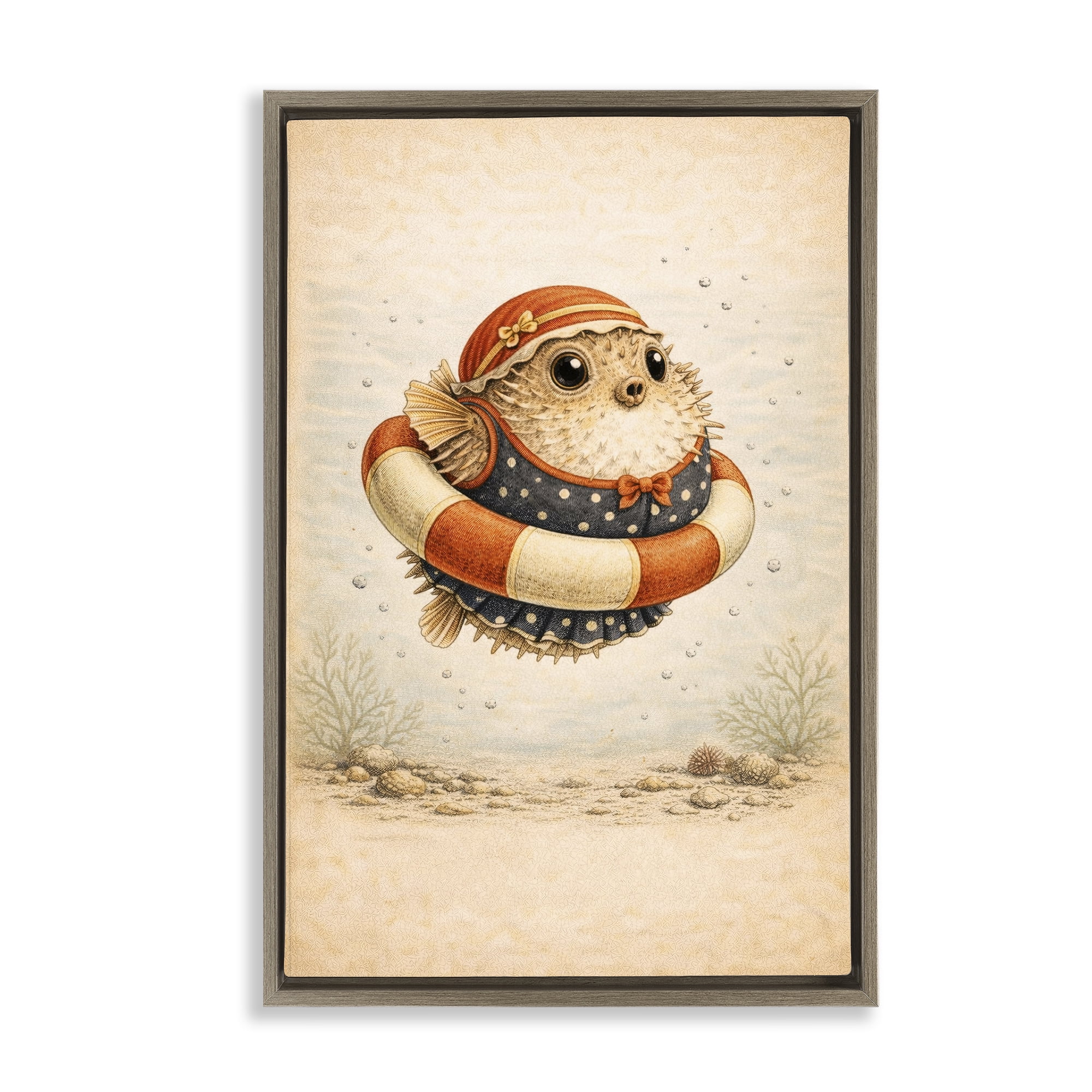 Stupell Industries Pufferfish Of Maritime Bathing Society Brown Framed Floater Canvas Wall Art, design by Grotto Studios