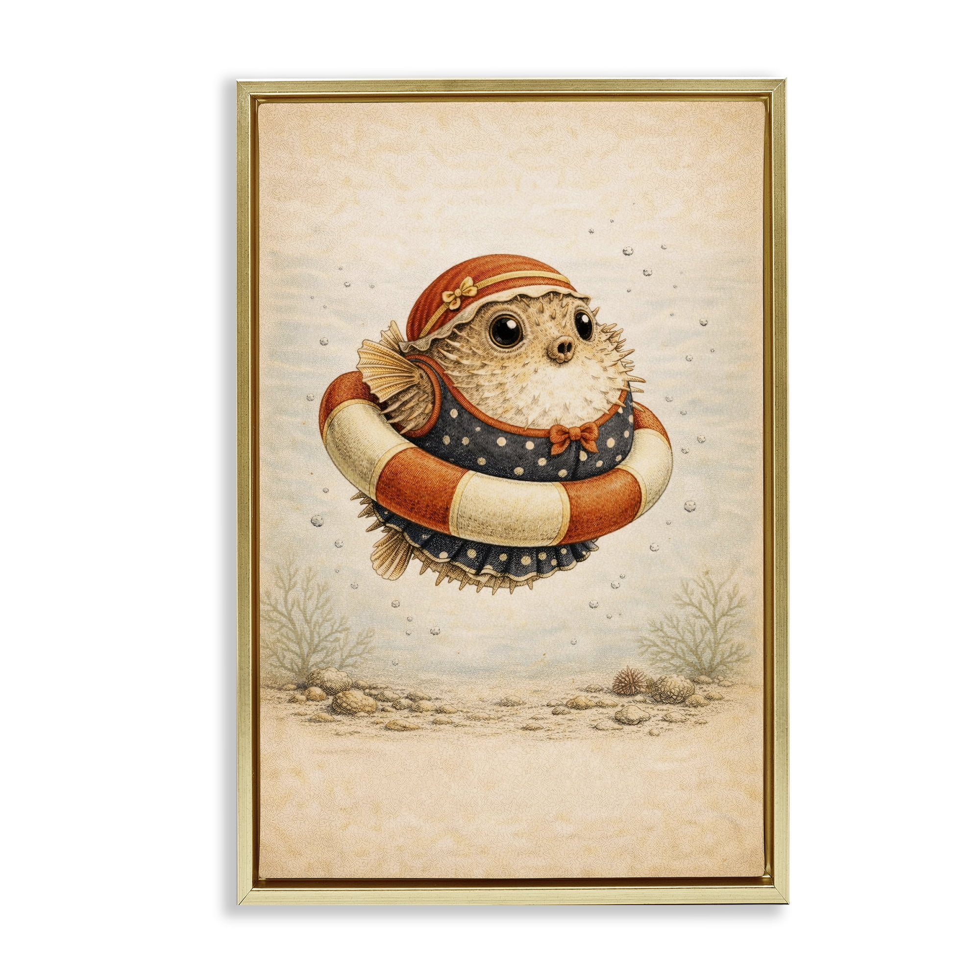 Stupell Industries Pufferfish Of Maritime Bathing Society Gold Framed Floater Canvas Wall Art, design by Grotto Studios