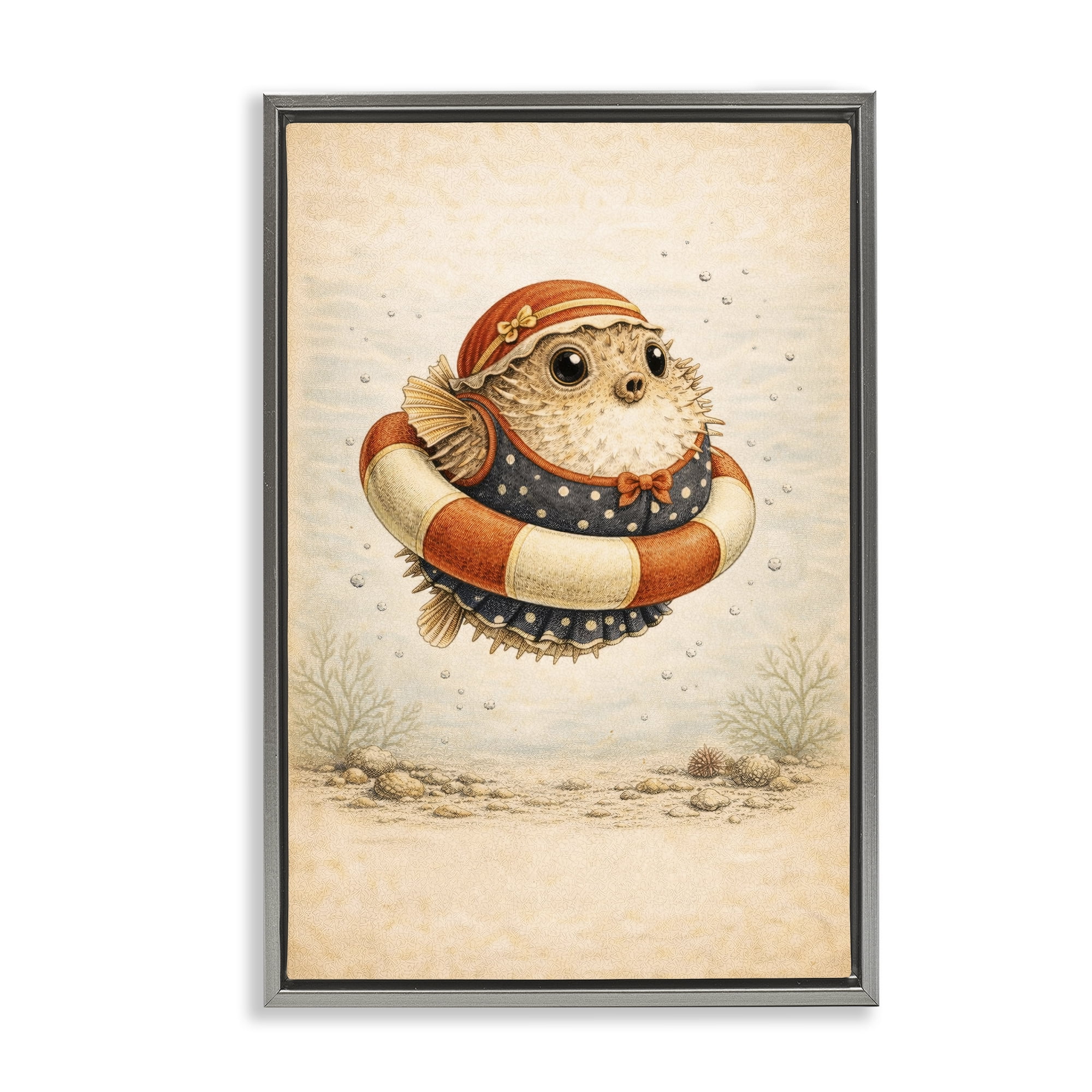 Stupell Industries Pufferfish Of Maritime Bathing Society Gray Framed Floater Canvas Wall Art, design by Grotto Studios