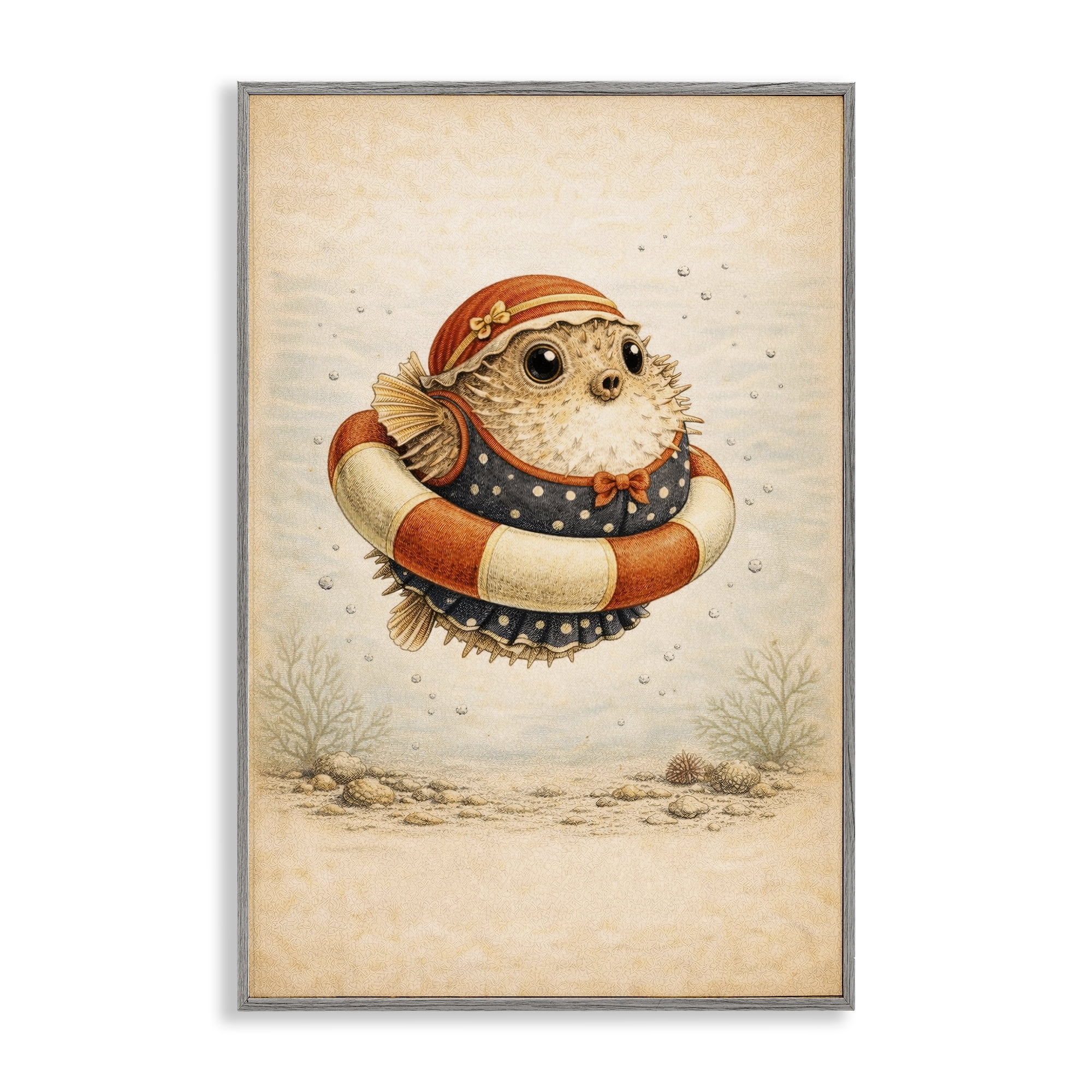 Stupell Industries Pufferfish Of Maritime Bathing Society Gray Framed Giclee Art, design by Grotto Studios