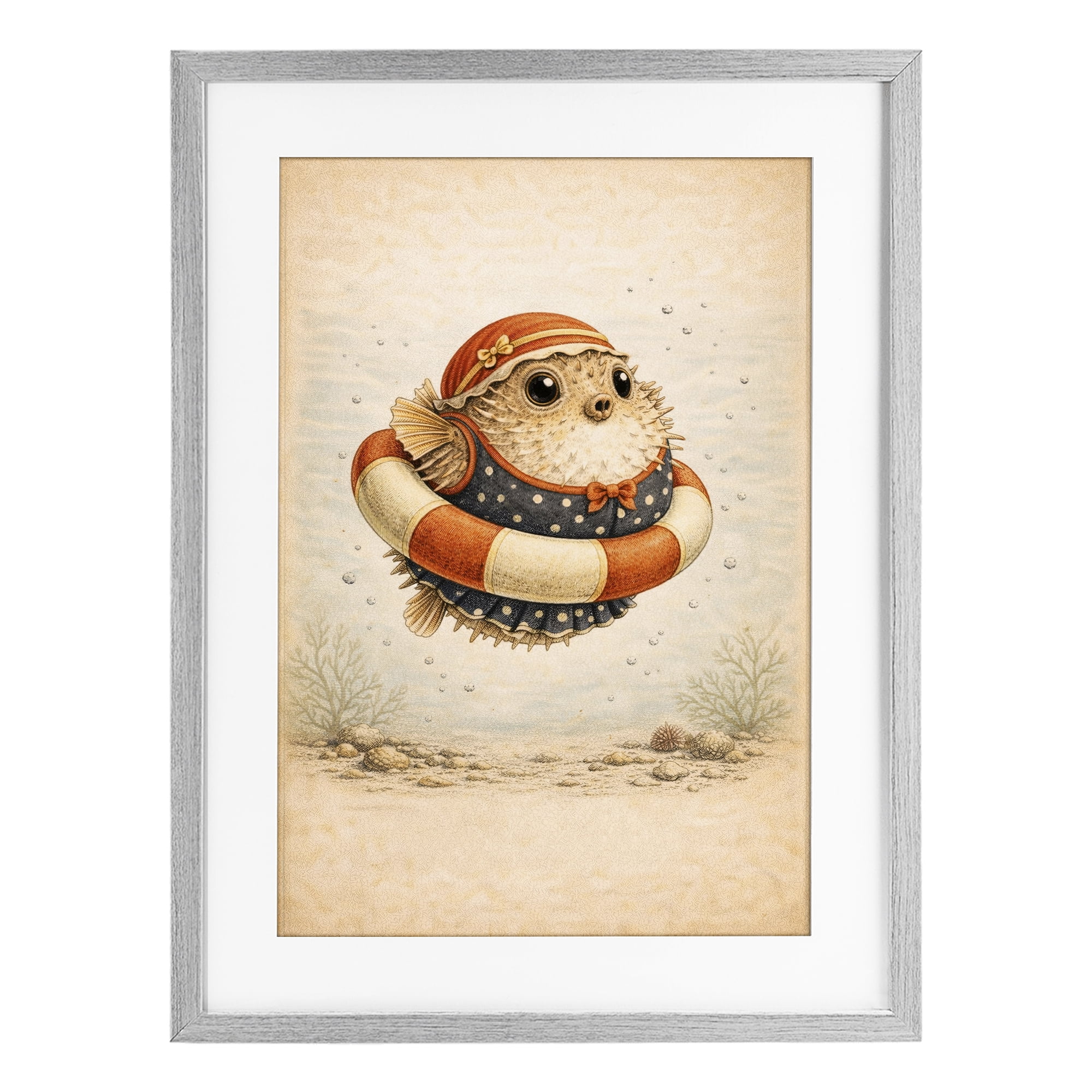 Stupell Industries Pufferfish Of Maritime Bathing Society Gray Framed Print Under Glass, design by Grotto Studios