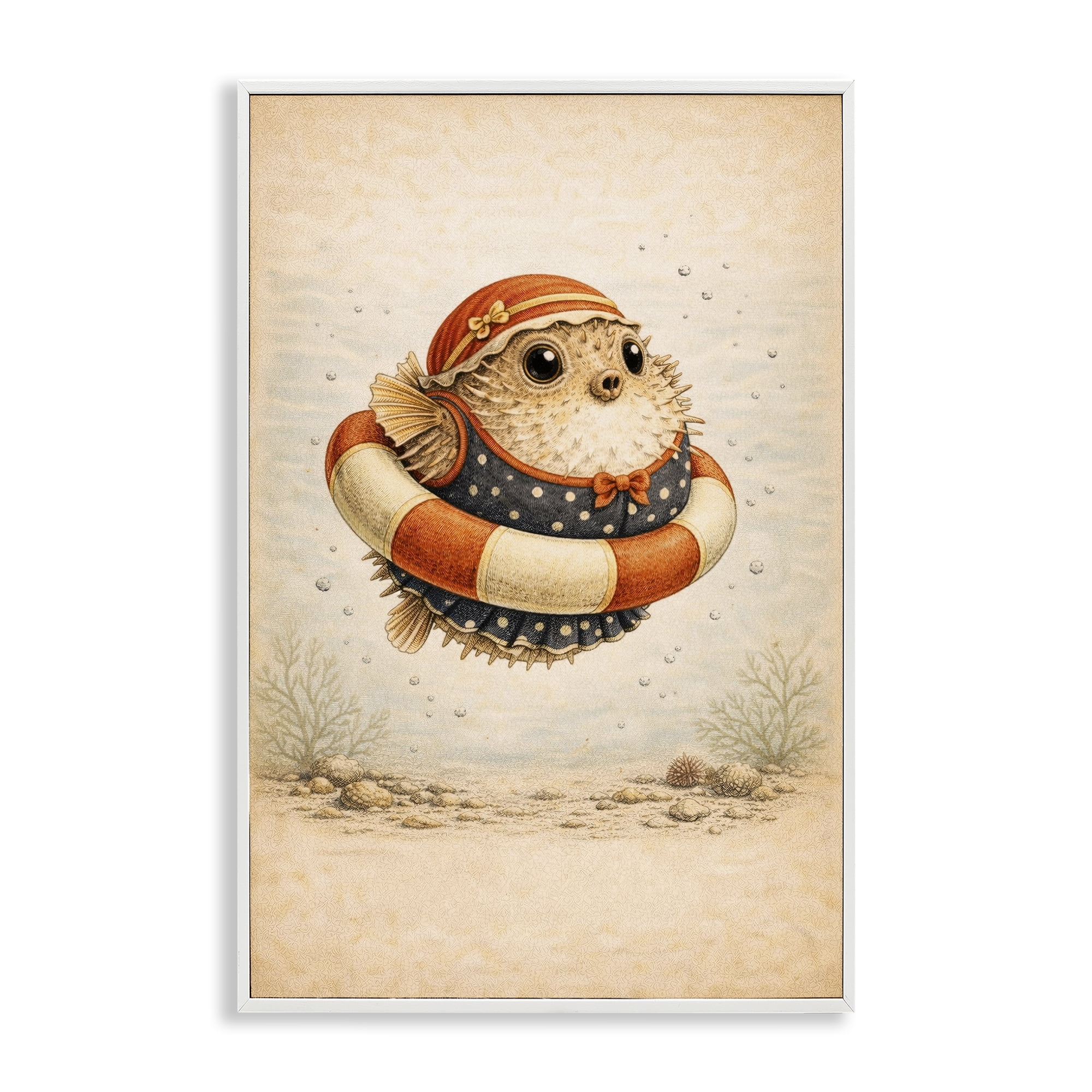 Stupell Industries Pufferfish Of Maritime Bathing Society White Framed Giclee Art, design by Grotto Studios