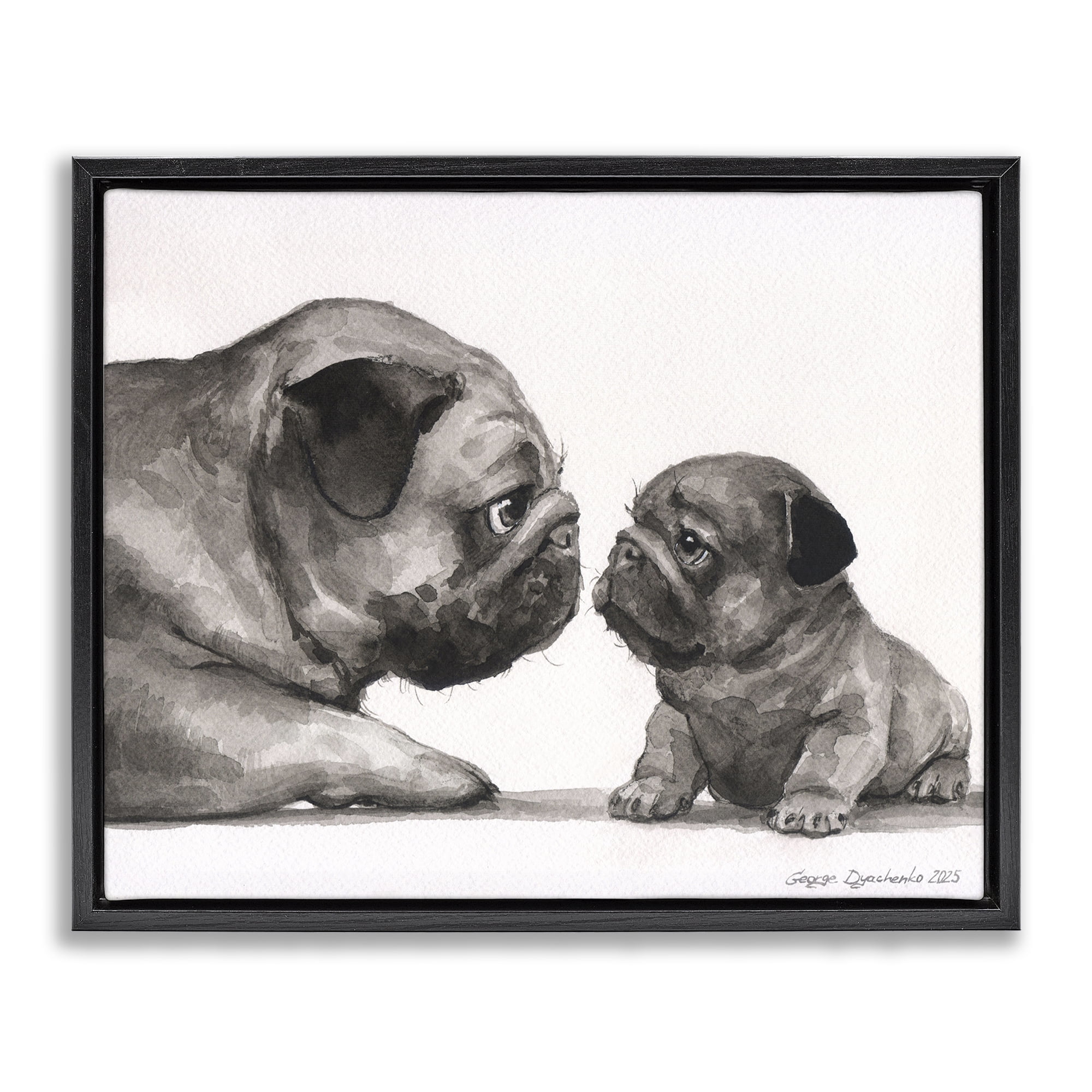 Stupell Industries Pug And Her Puppy Black Framed Floater Canvas Wall Art, design by George Dyachenko