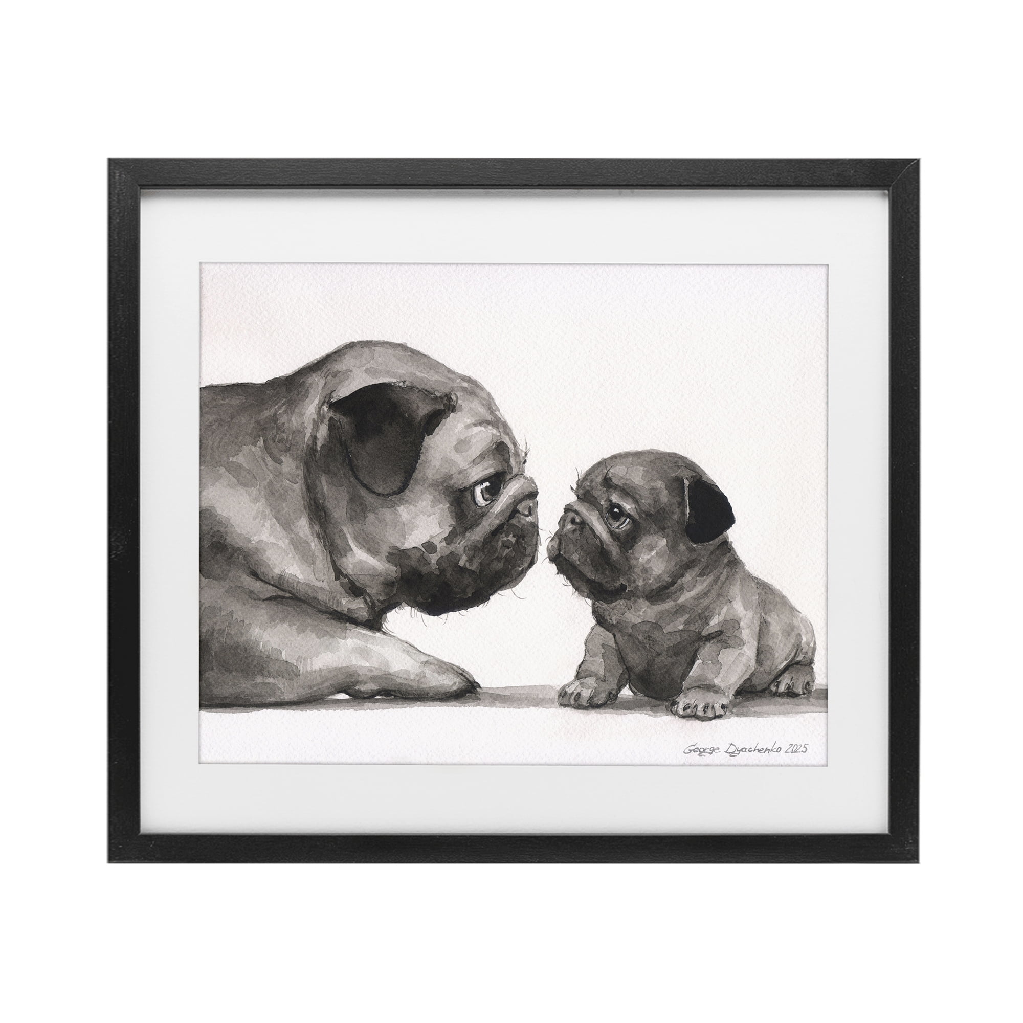 Stupell Industries Pug And Her Puppy Black Framed Print Under Glass, design by George Dyachenko