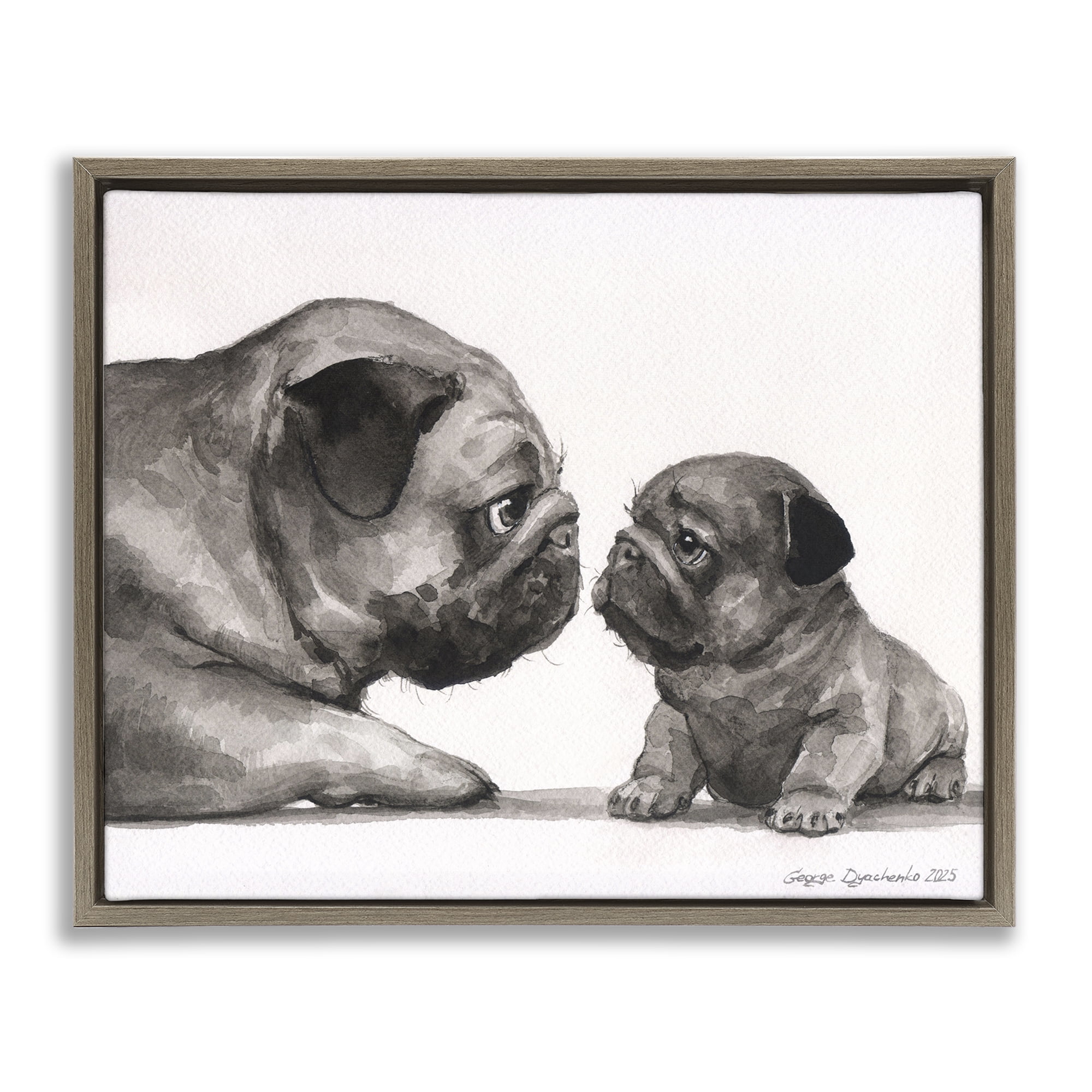 Stupell Industries Pug And Her Puppy Brown Framed Floater Canvas Wall Art, design by George Dyachenko