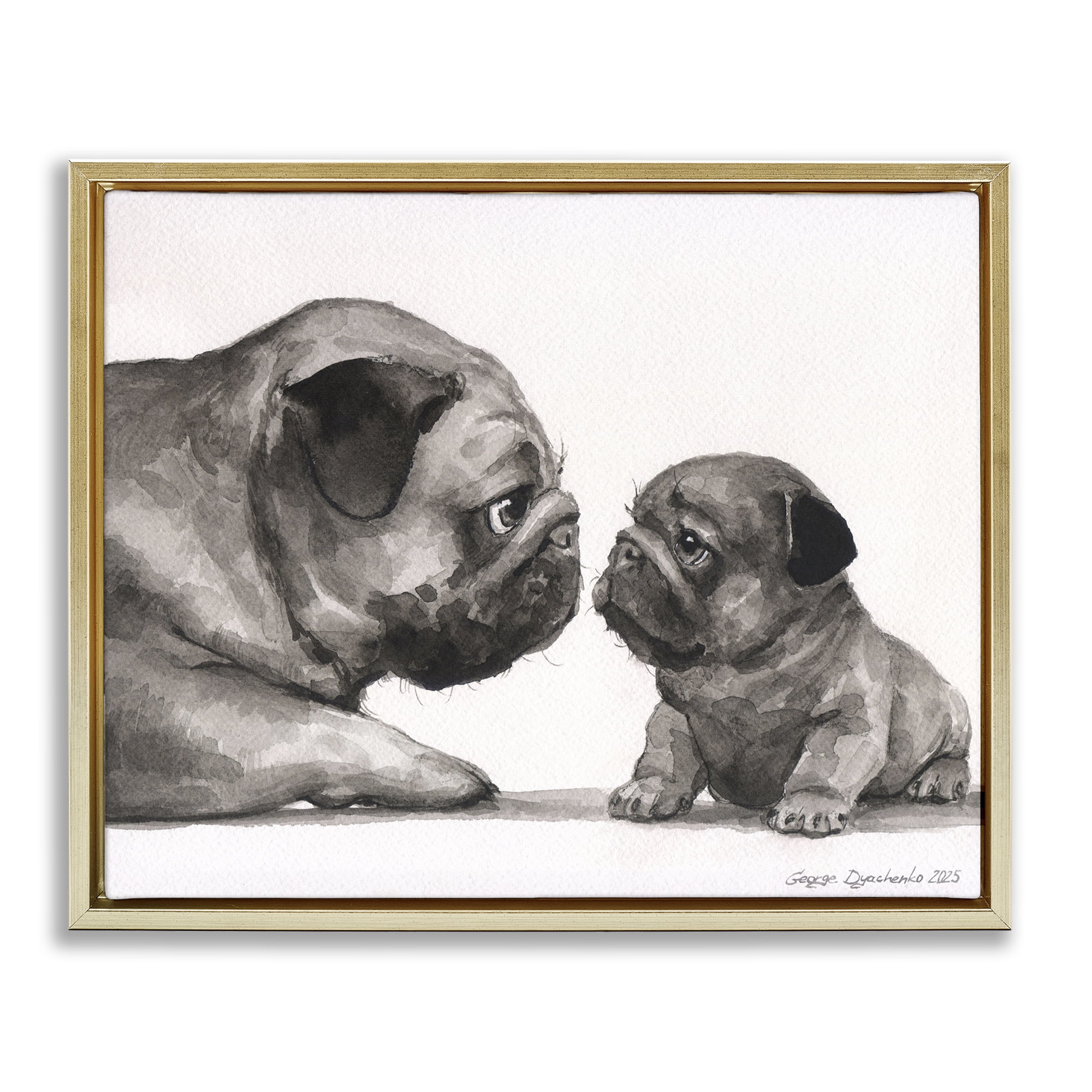 Stupell Industries Pug And Her Puppy Gold Framed Floater Canvas Wall Art, design by George Dyachenko