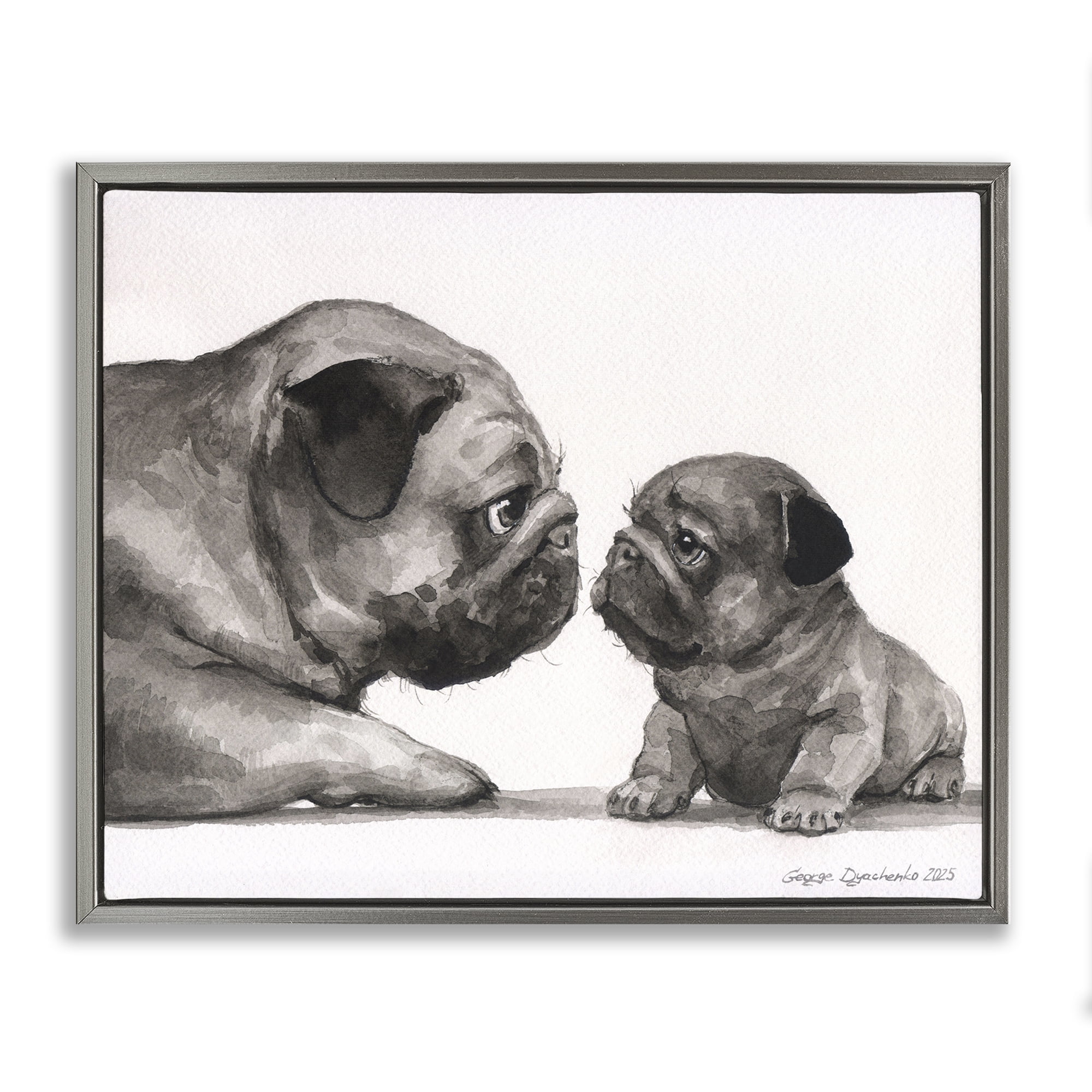 Stupell Industries Pug And Her Puppy Gray Framed Floater Canvas Wall Art, design by George Dyachenko