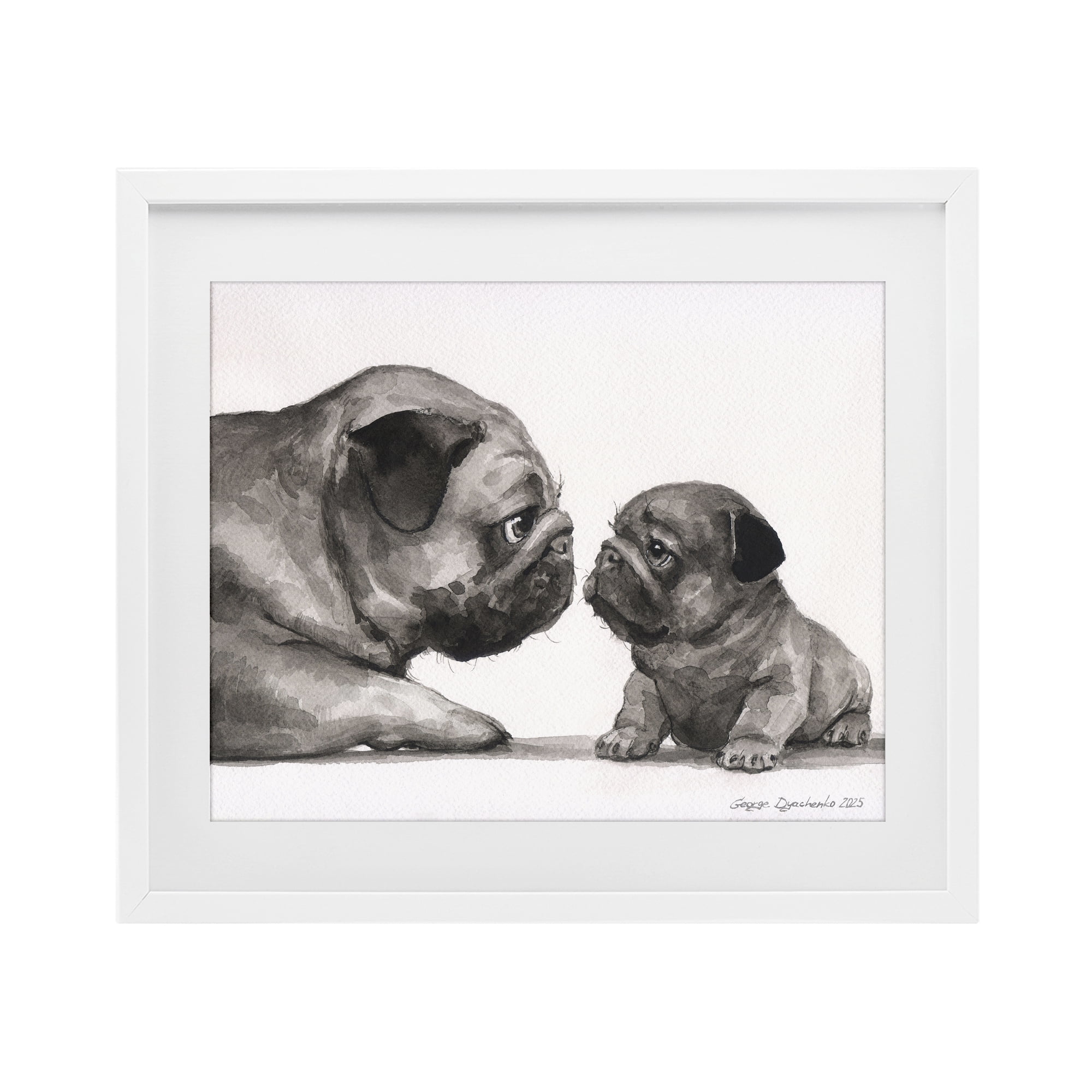 Stupell Industries Pug And Her Puppy White Framed Print Under Glass, design by George Dyachenko