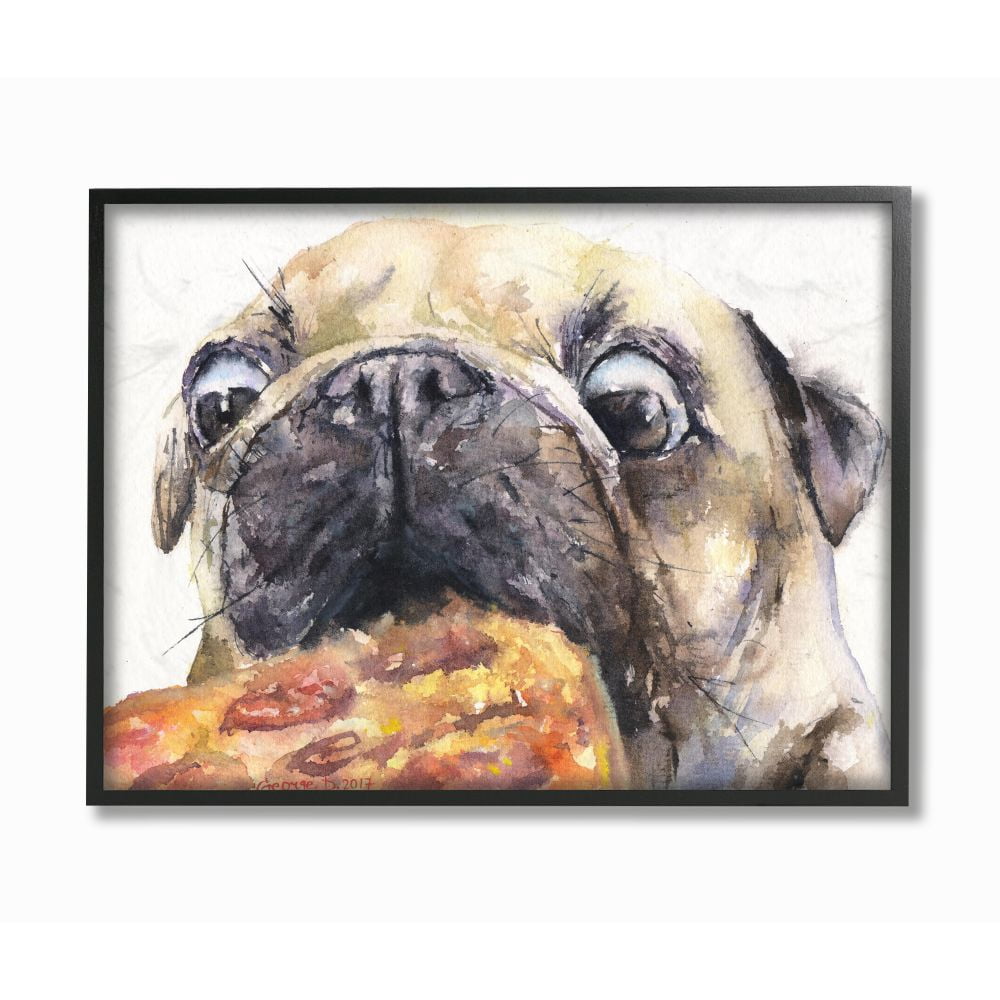 Stupell Industries Pug And Pizza Funny Dog Pet Animal Watercolor Painting Framed Giclee Texturized Art by George Dyachenko