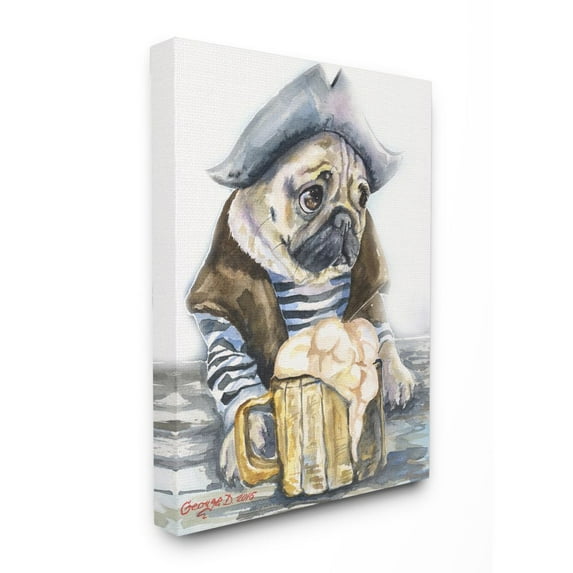 Stupell Industries Pug As Sailor Funny Dog Pet Animal Watercolor Painting Canvas Wall Art by George Dyachenko