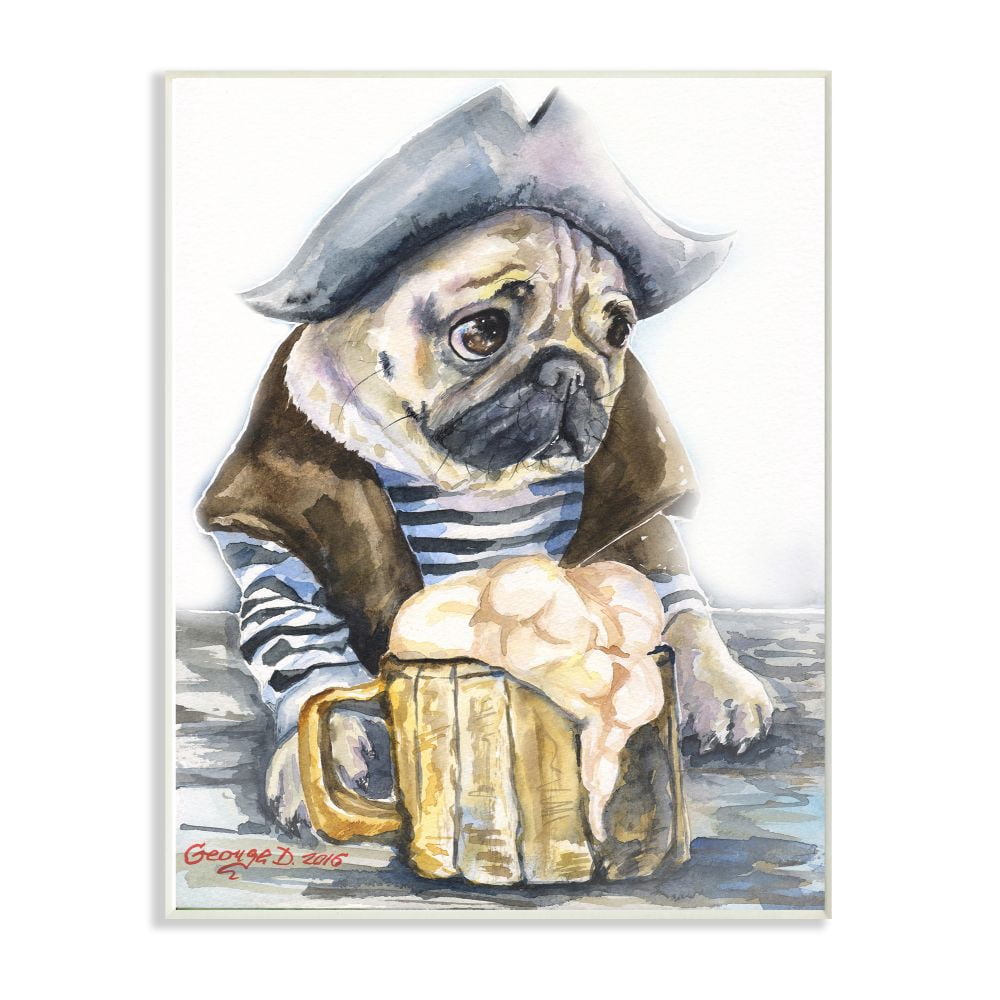 Stupell Industries Pug As Sailor Funny Dog Pet Animal Watercolor Painting Wall Plaque Art by George Dyachenko