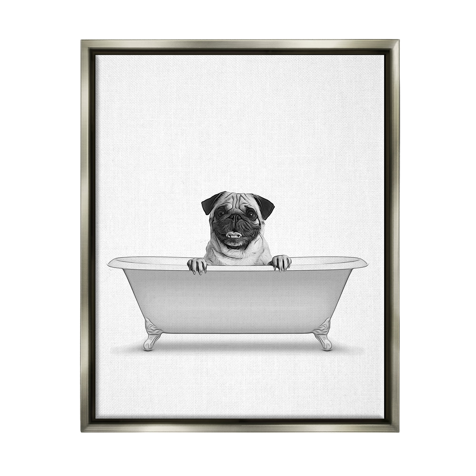 Stupell Industries Pug Dog In Tub Bathroom Pet Animals & Insects Painting Gray Floater Framed Art Print Wall Art