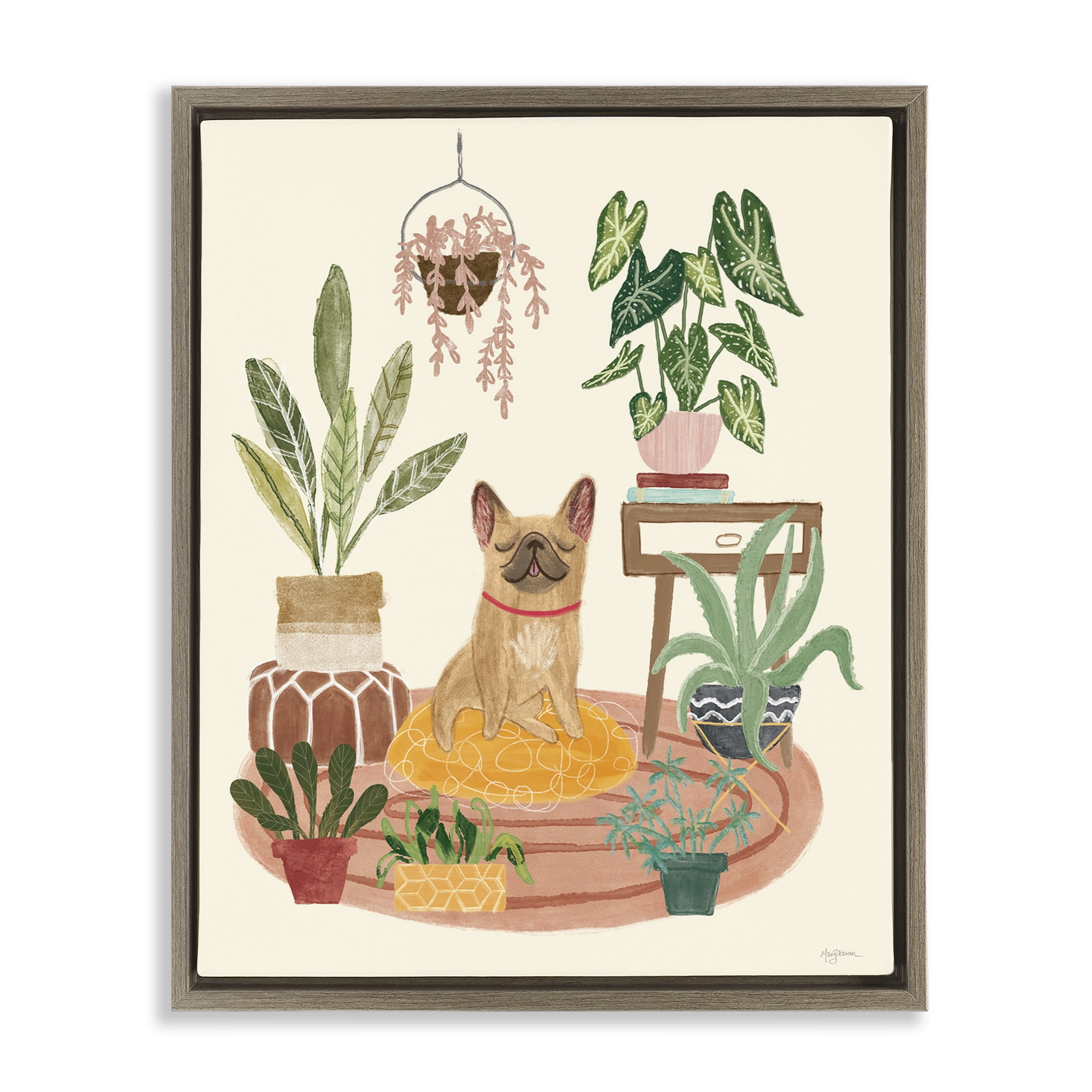 Stupell Industries Pug Dog with Plants Animals & Insects Painting Brown Floater Framed Canvas Art Print Wall Art, 17 x 21