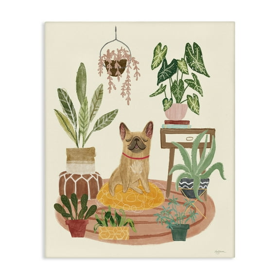 Stupell Industries Pug Dog with Plants Animals & Insects Painting Gallery Wrapped Canvas Art Print Wall Art, 16 x 20