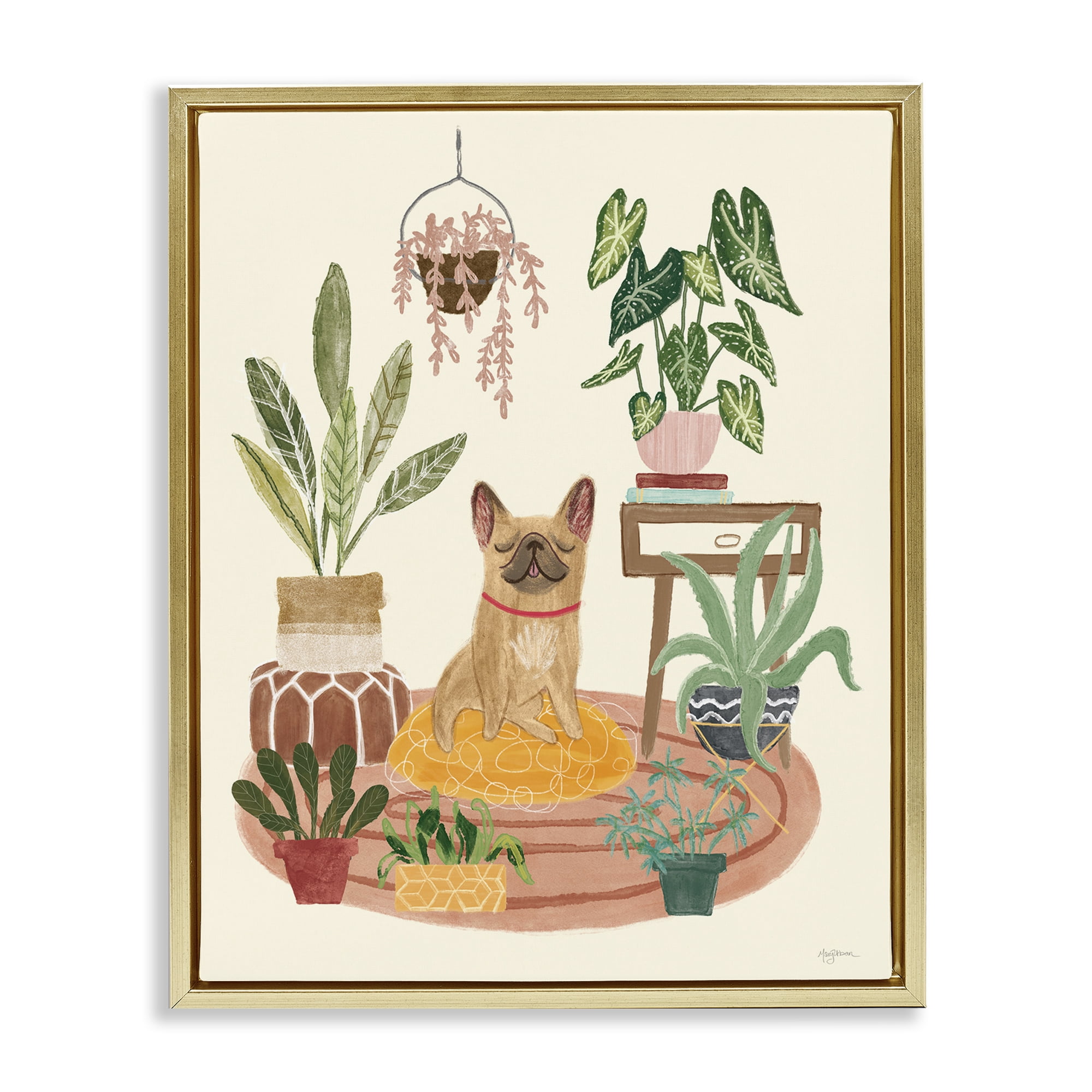 Stupell Industries Pug Dog with Plants Animals & Insects Painting Gold Floater Framed Canvas Art Print Wall Art, 17 x 21