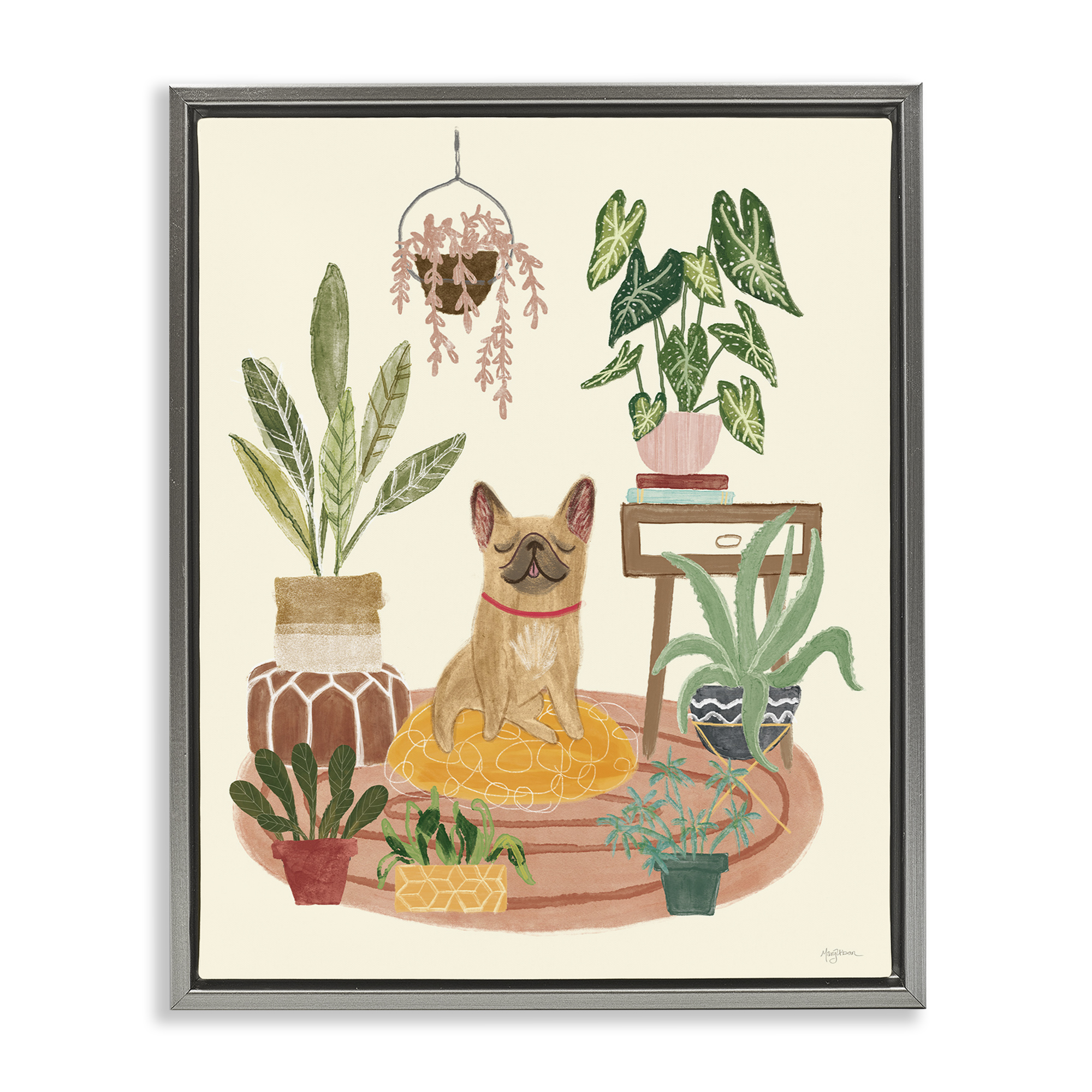 Stupell Industries Pug Dog with Plants Animals & Insects Painting Gray Floater Framed Canvas Art Print Wall Art, 25 x 31