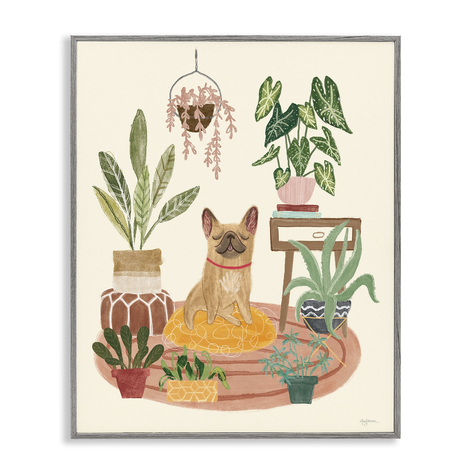 Stupell Industries Pug Dog with Plants Animals & Insects Painting Gray Framed Art Print Wall Art, 11 x 14