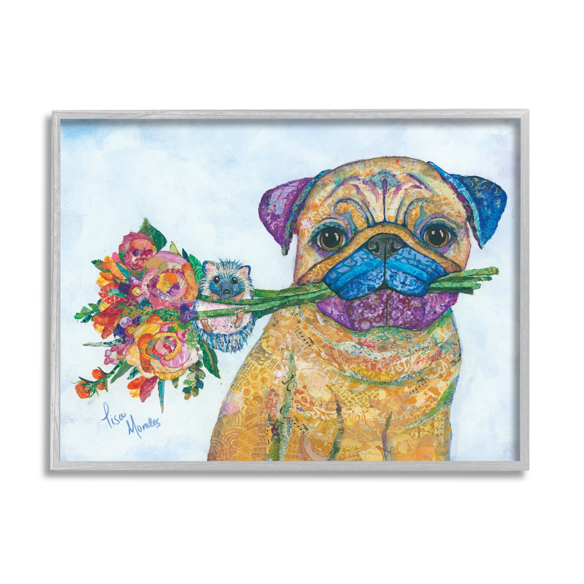Stupell Industries Pug & Hedgehog Layered Paisley Patterns Animals Collage Painting Gray Framed Art Print Wall Art, Design by Lisa Morales