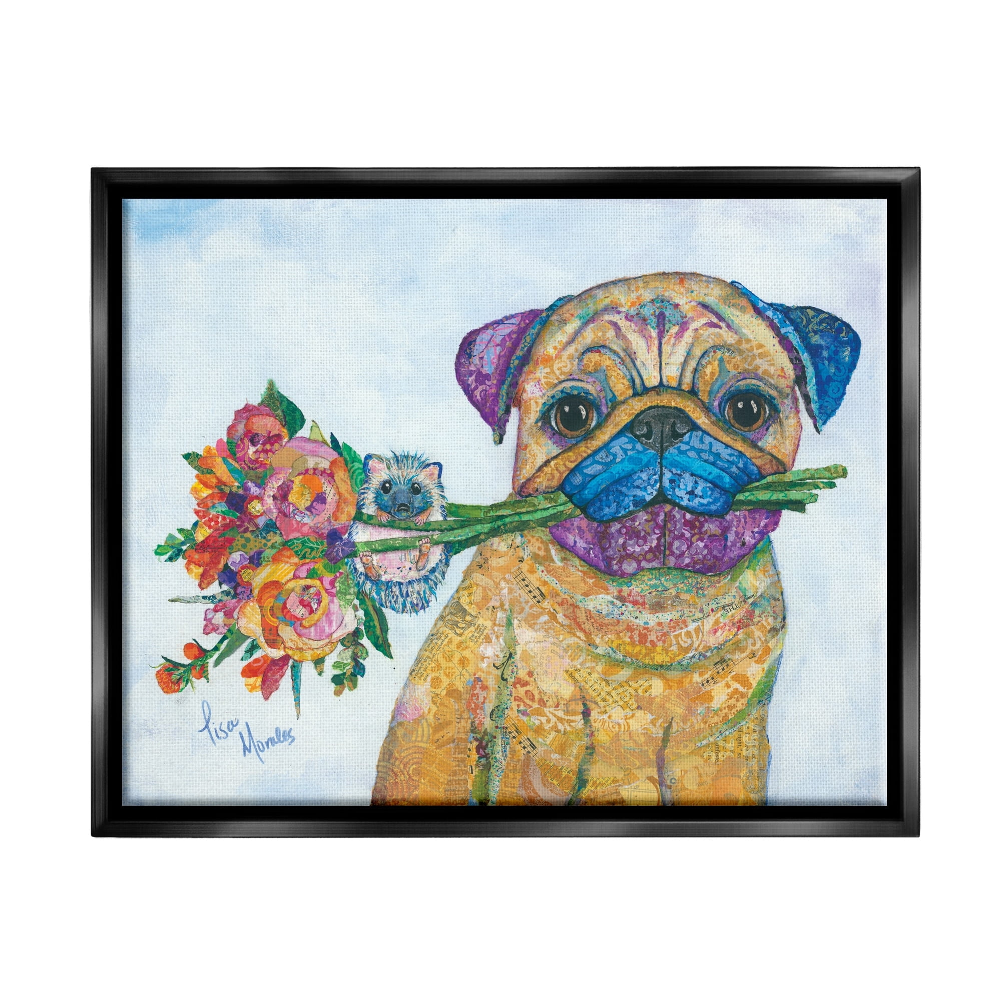 Stupell Industries Pug & Hedgehog Layered Paisley Patterns Animals Collage Painting Jet Black Floating Framed Canvas Print Wall Art, Design by Lisa Morales