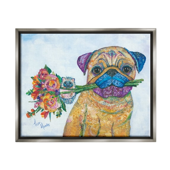 Stupell Industries Pug & Hedgehog Layered Paisley Patterns Animals Collage Painting Luster Gray Floating Framed Canvas Print Wall Art, Design by Lisa Morales