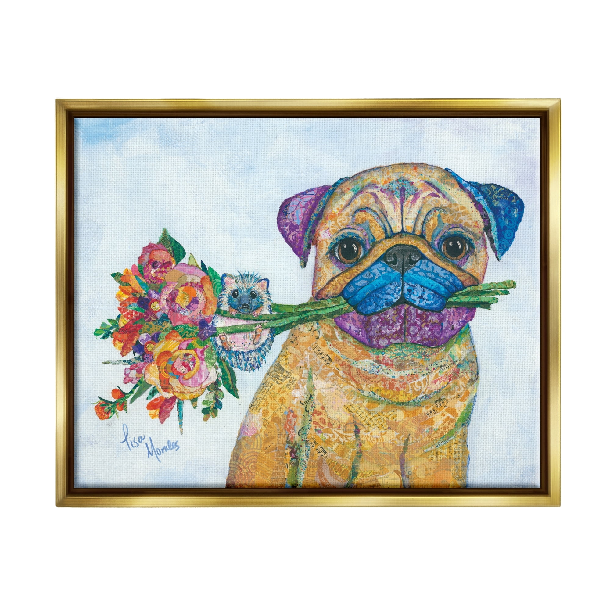 Stupell Industries Pug & Hedgehog Layered Paisley Patterns Animals Collage Painting Metallic Gold Floating Framed Canvas Print Wall Art, Design by Lisa Morales