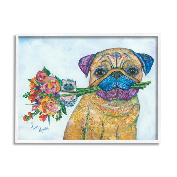 Stupell Industries Pug & Hedgehog Layered Paisley Patterns Animals Collage Painting White Framed Art Print Wall Art, Design by Lisa Morales