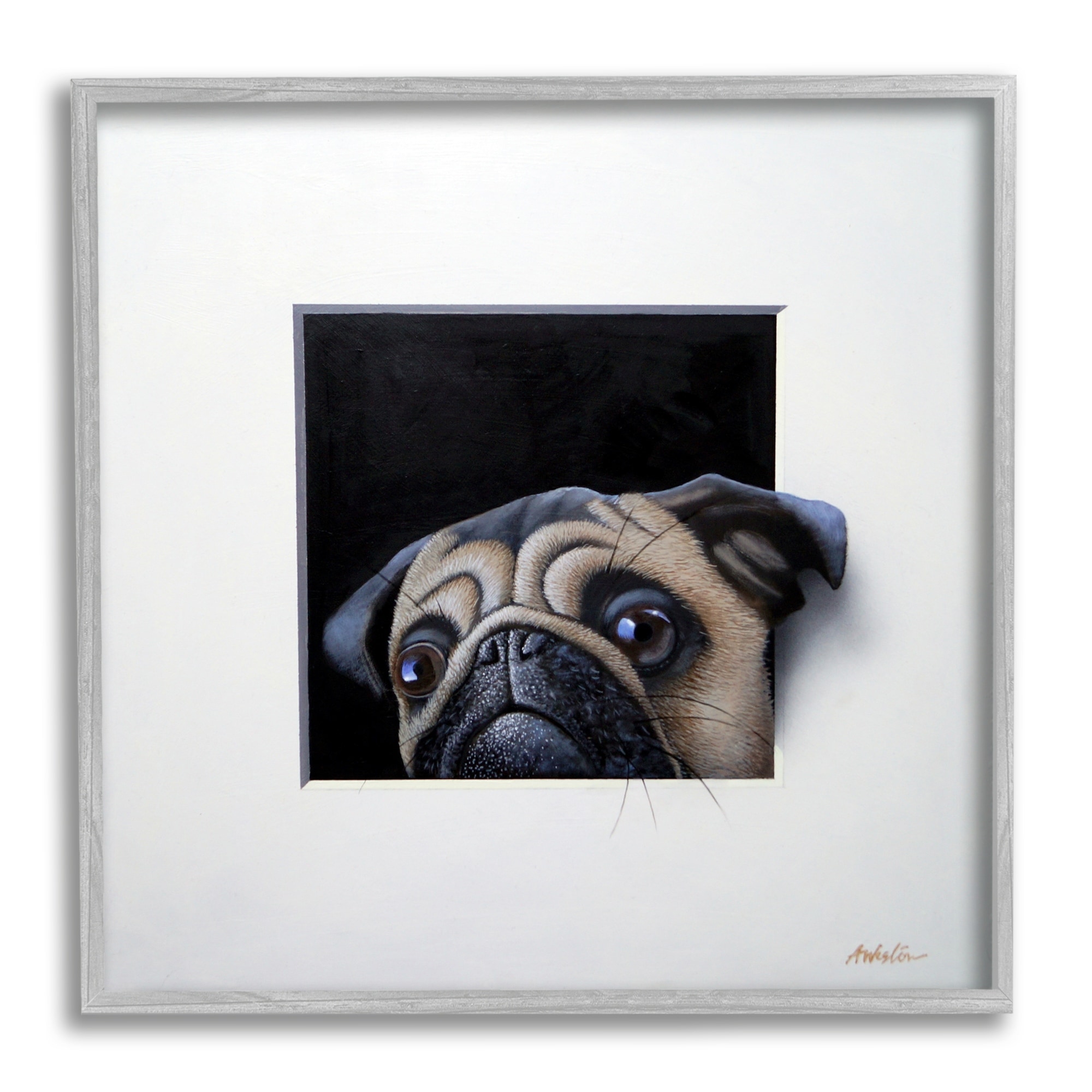 Stupell Industries Pug Peeking Optical Illusion Square Detailed Painting Painting Gray Framed Art Print Wall Art, Design by Alan Weston