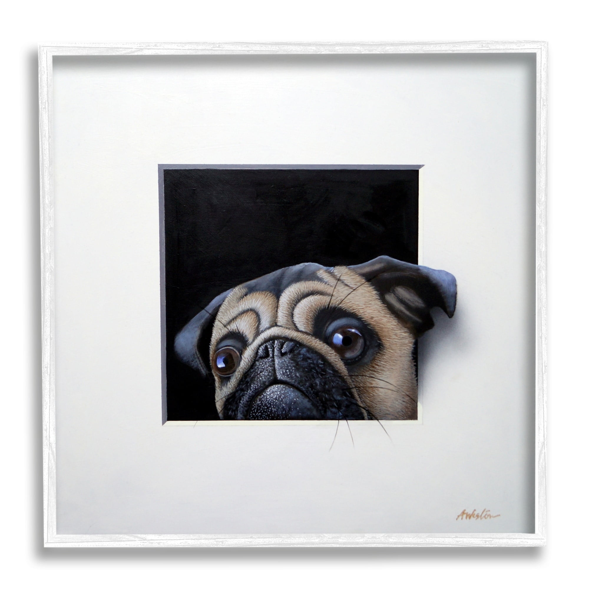 Stupell Industries Pug Peeking Optical Illusion Square Detailed Painting Painting White Framed Art Print Wall Art, Design by Alan Weston