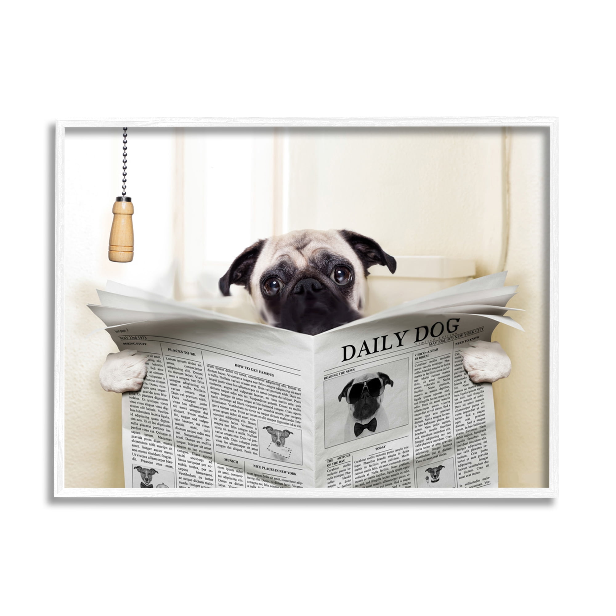 Stupell Industries Pug Reading Newspaper in Bathroom, 16 x 20,Design by In House