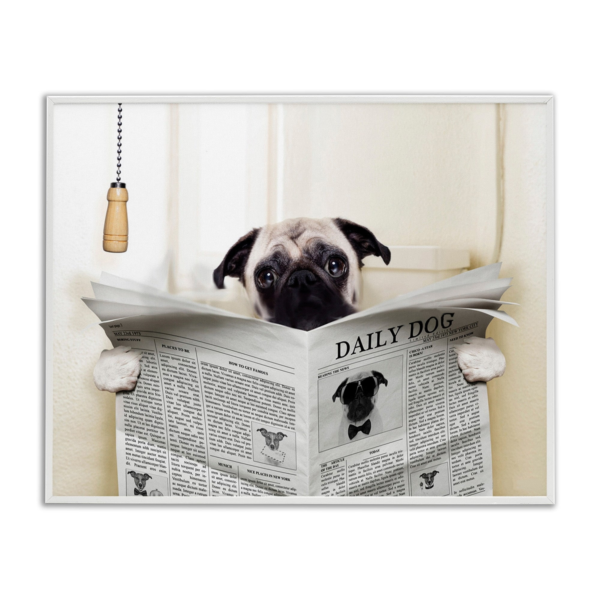 Stupell Industries Pug Reading Newspaper in Bathroom, 24 x 30,Design by In House