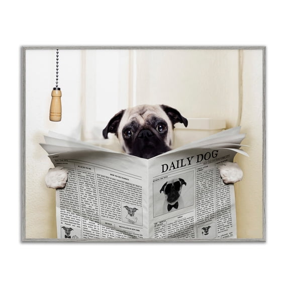 Stupell Industries Pug Reading Newspaper in Bathroom, 24 x 30,Design by In House