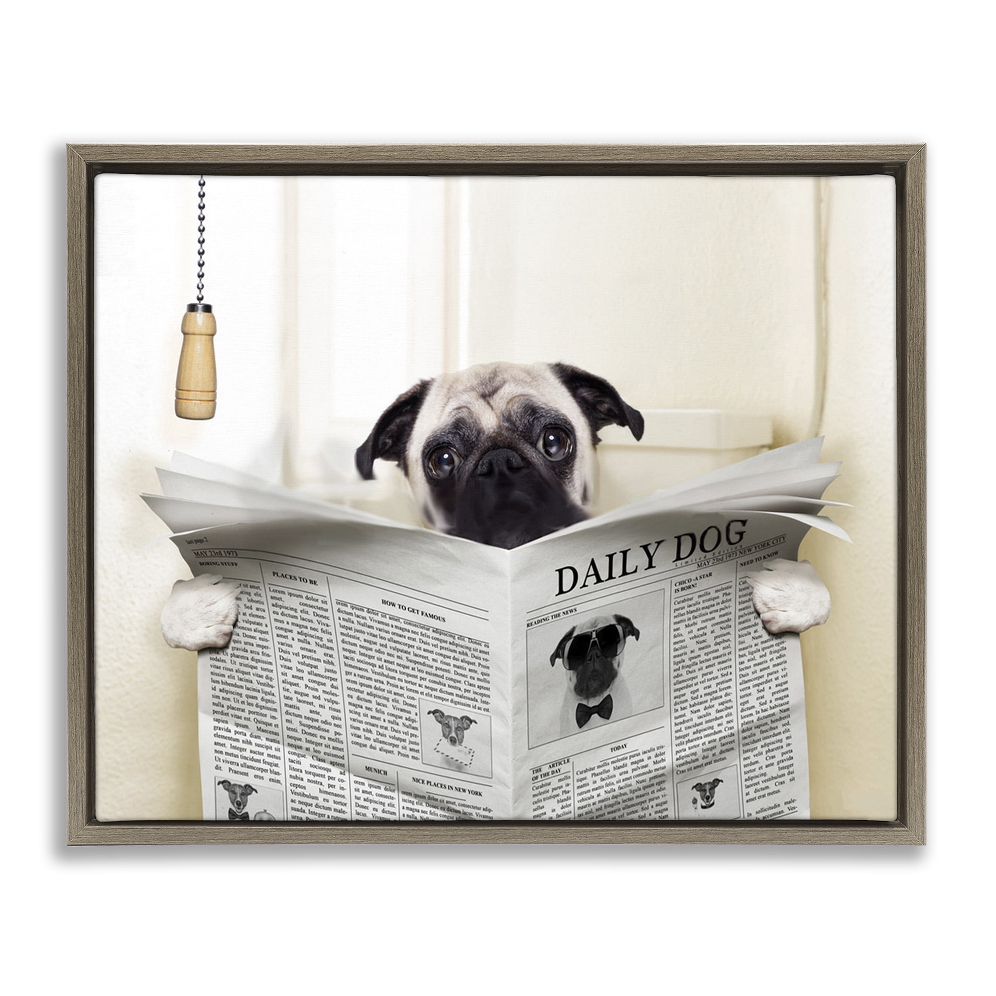 Stupell Industries Pug Reading Newspaper in Bathroom Animals & Insects Painting Brown Floater Framed Canvas Art Print Wall Art, 21 x 17