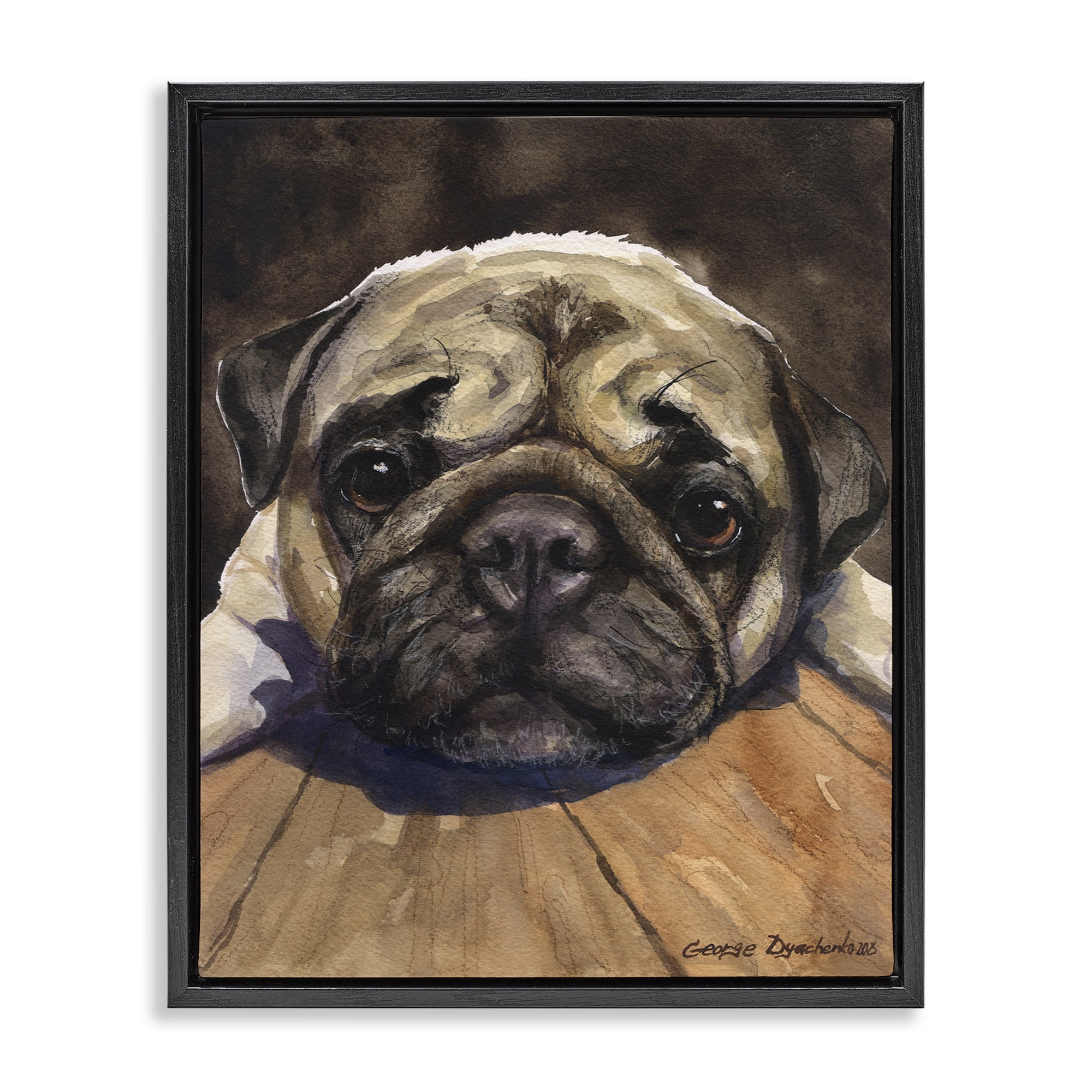 Stupell Industries Pug Soulful Portrait Black Framed Floater Canvas Wall Art, design by George Dyachenko