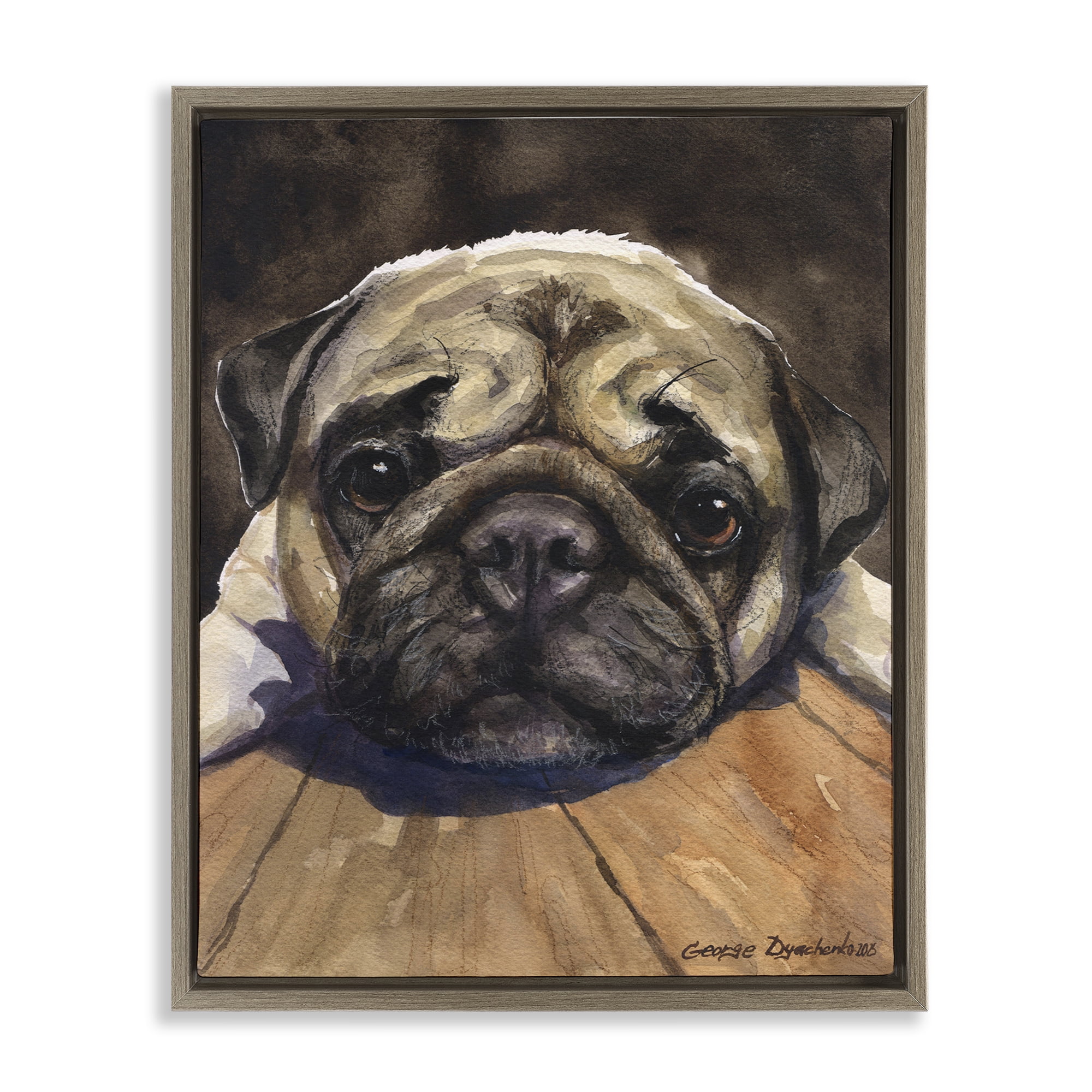Stupell Industries Pug Soulful Portrait Brown Framed Floater Canvas Wall Art, design by George Dyachenko