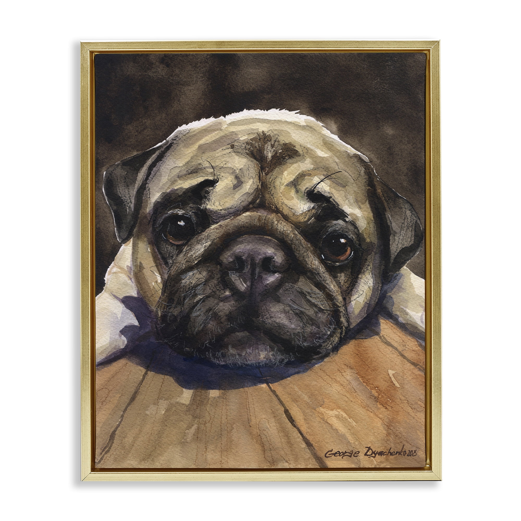 Stupell Industries Pug Soulful Portrait Gold Framed Floater Canvas Wall Art, design by George Dyachenko