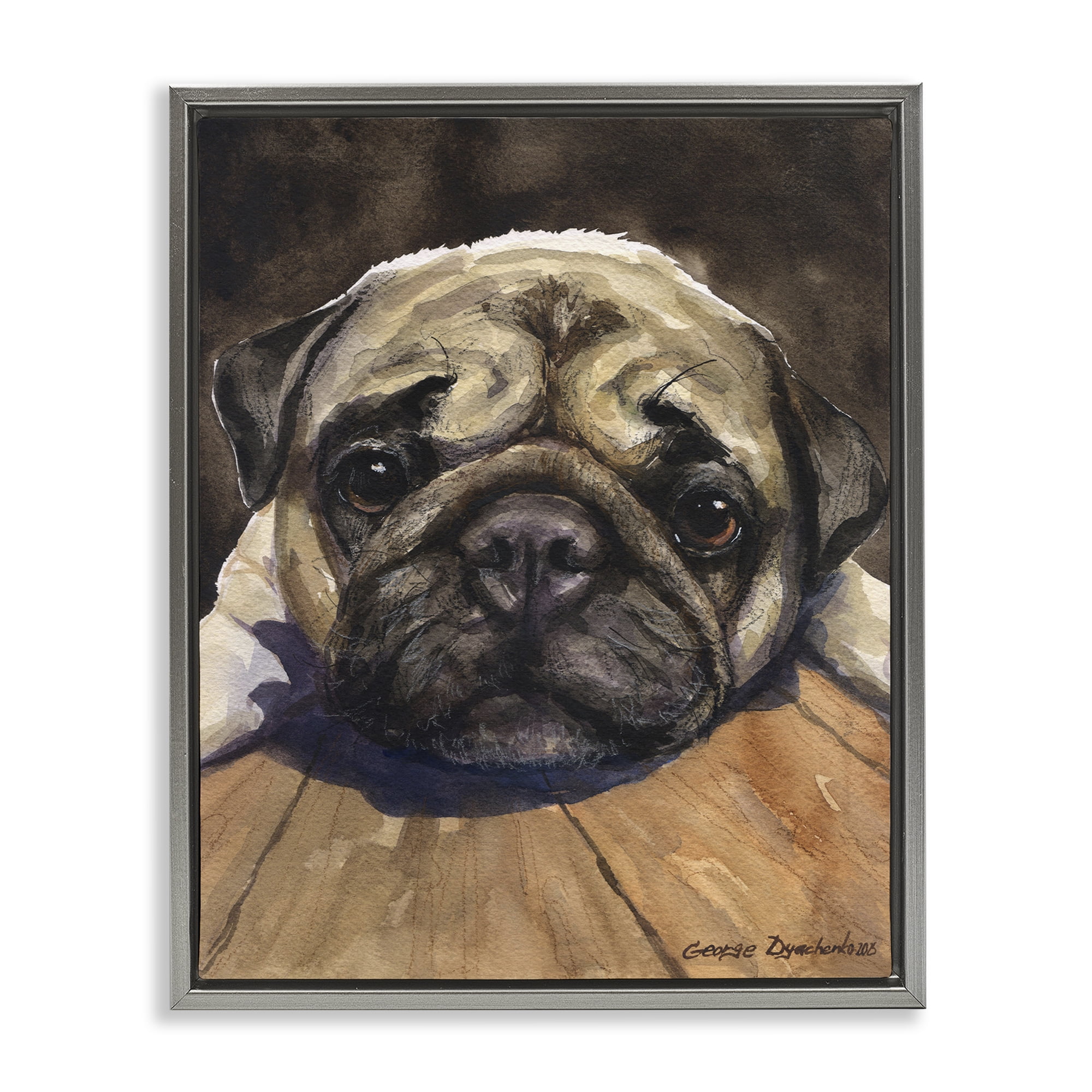Stupell Industries Pug Soulful Portrait Gray Framed Floater Canvas Wall Art, design by George Dyachenko