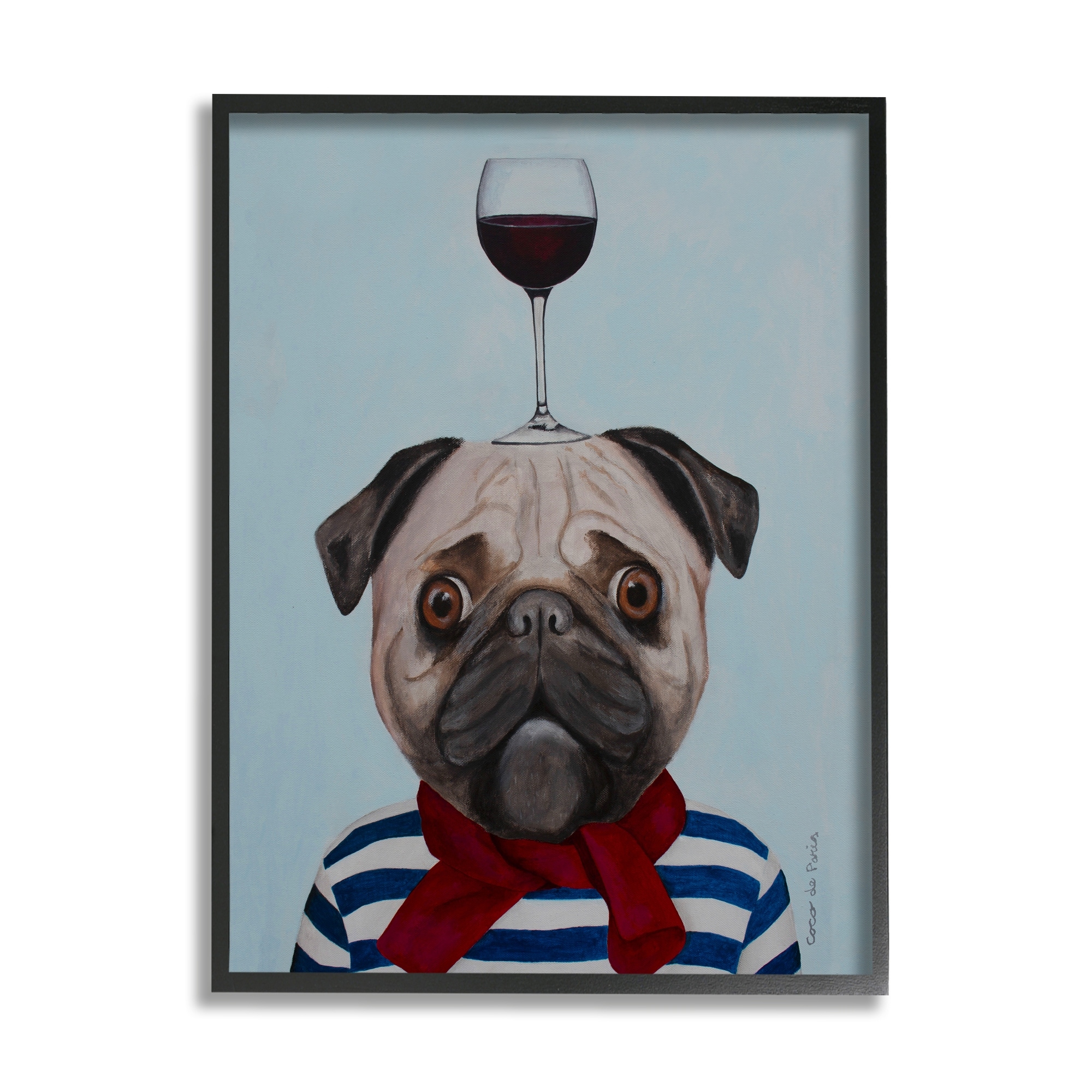 Stupell Industries Pug Wearing Mime Outfit Balancing Wine Glass Paintings Black Framed Art Print Wall Art, 11x14, by Coco de Paris