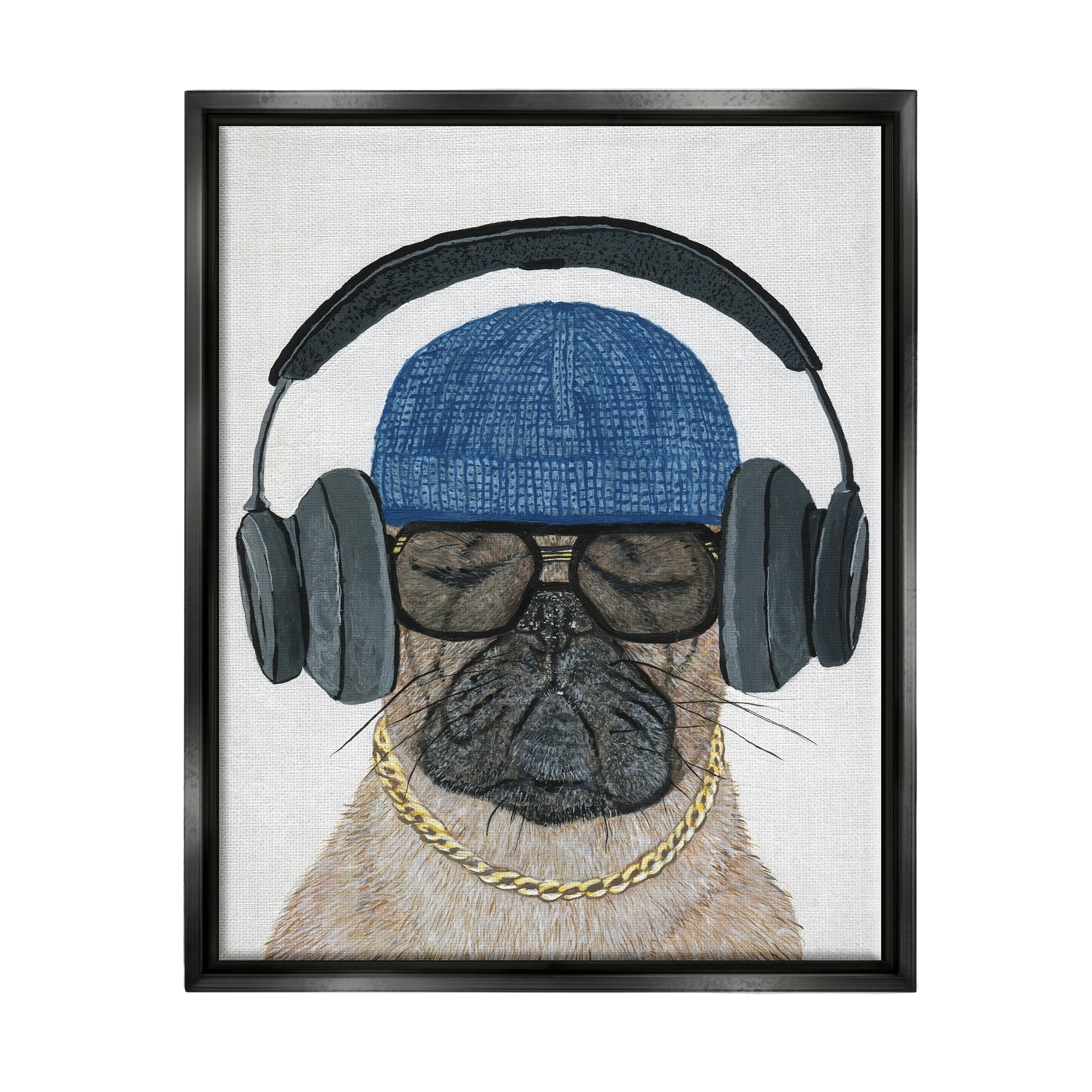 Stupell Industries Pug in Headphones Animals & Insects Painting Black Floater Framed Canvas Art Print Wall Art, 25 x 31