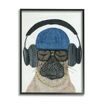 Stupell Industries Pug in Headphones Animals & Insects Painting Black Framed Art Print Wall Art, 11 x 14