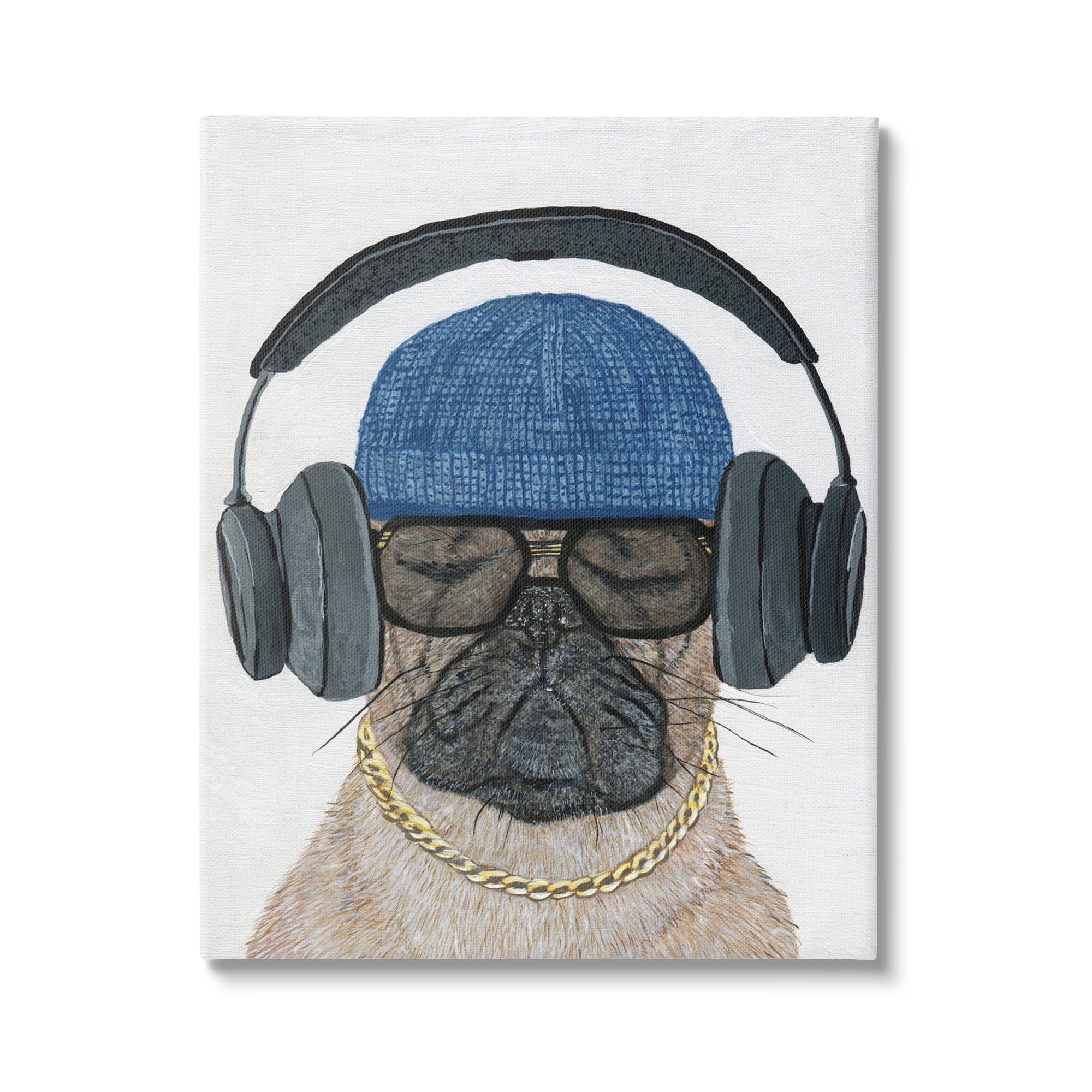 Stupell Industries Pug in Headphones Animals & Insects Painting Gallery Wrapped Canvas Art Print Wall Art, 36 x 48