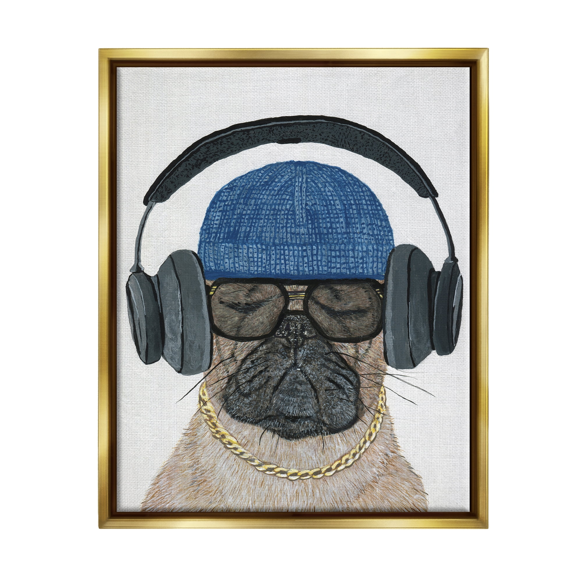 Stupell Industries Pug in Headphones Animals & Insects Painting Gold Floater Framed Canvas Art Print Wall Art, 25 x 31