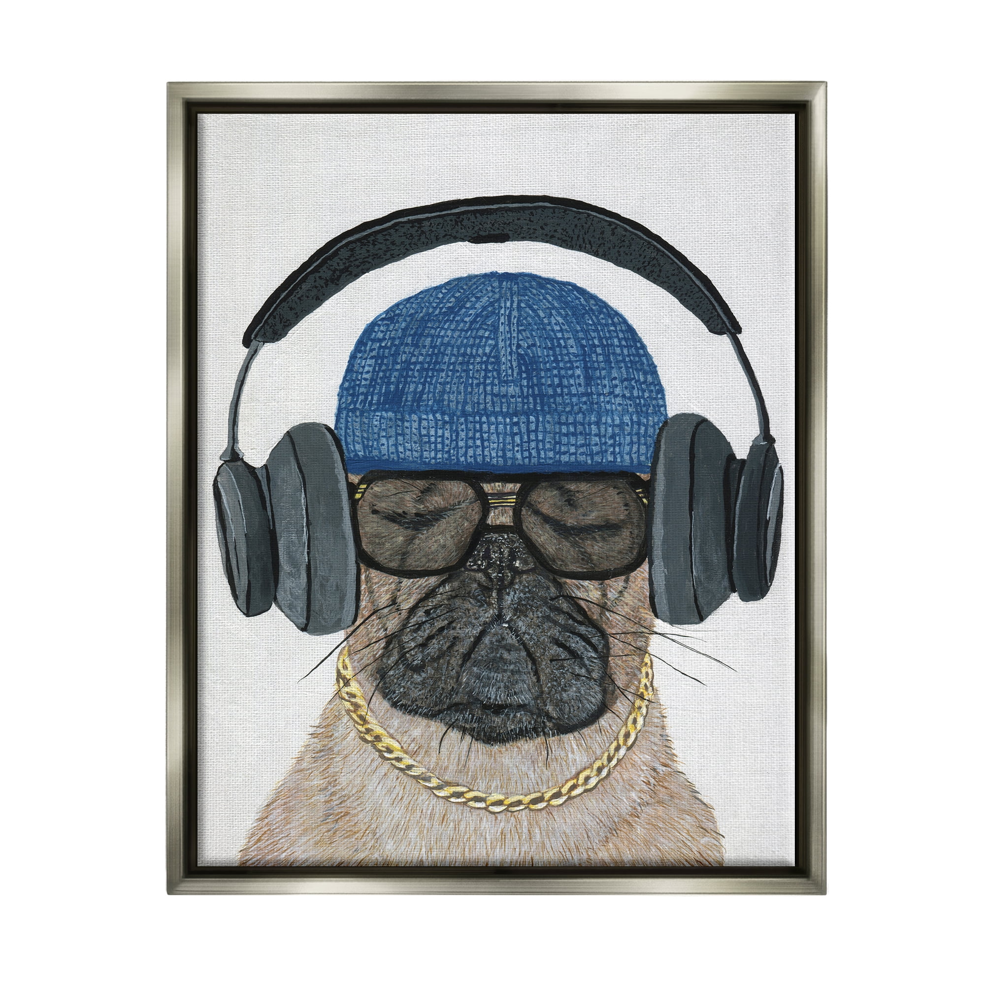 Stupell Industries Pug in Headphones Animals & Insects Painting Gray Floater Framed Canvas Art Print Wall Art, 17 x 21