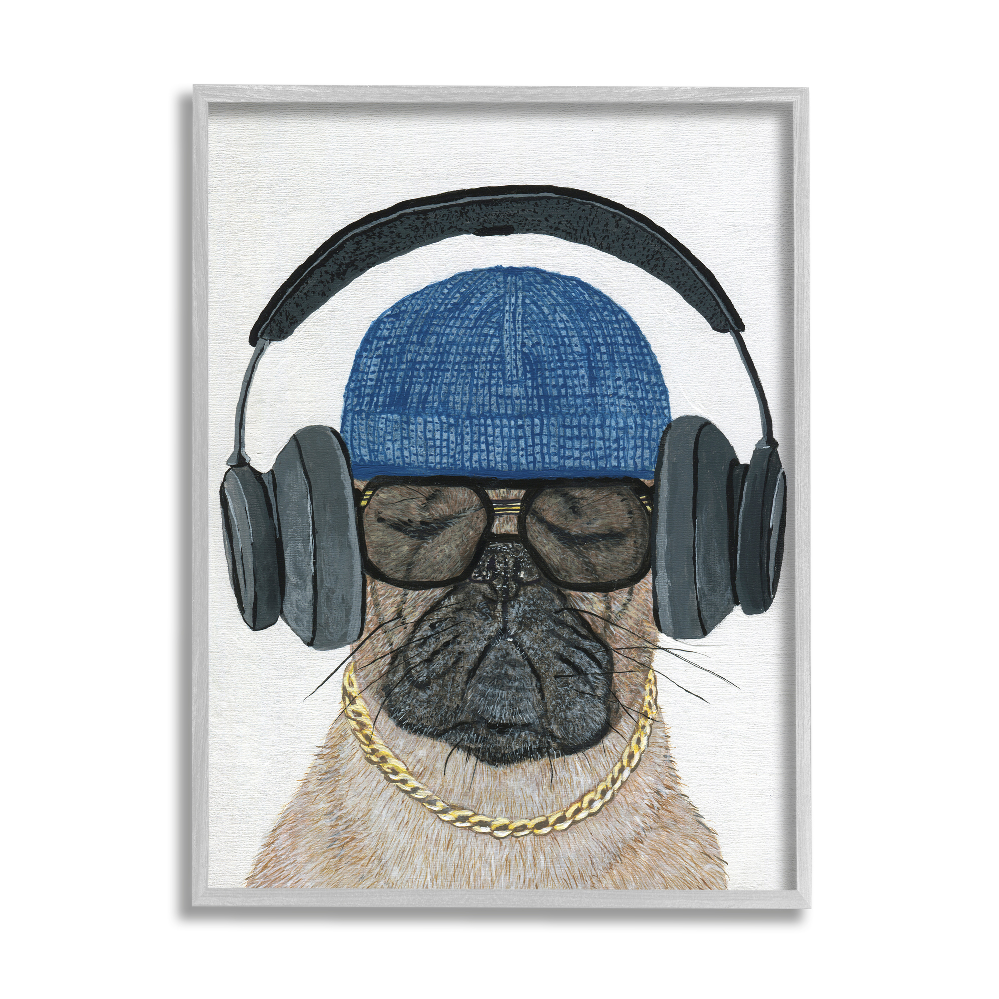 Stupell Industries Pug in Headphones Animals & Insects Painting Gray Framed Art Print Wall Art, 11 x 14