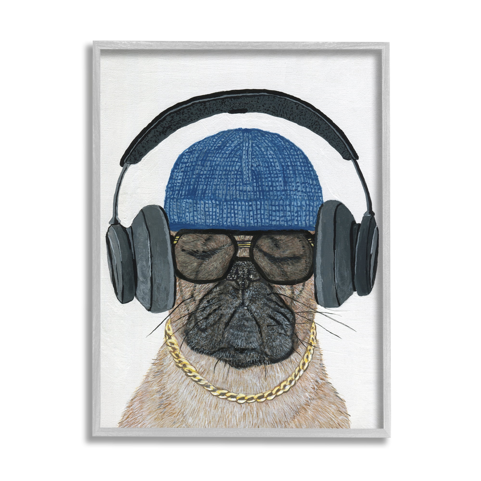 Stupell Industries Pug in Headphones Animals & Insects Painting Gray Framed Art Print Wall Art, 16 x 20